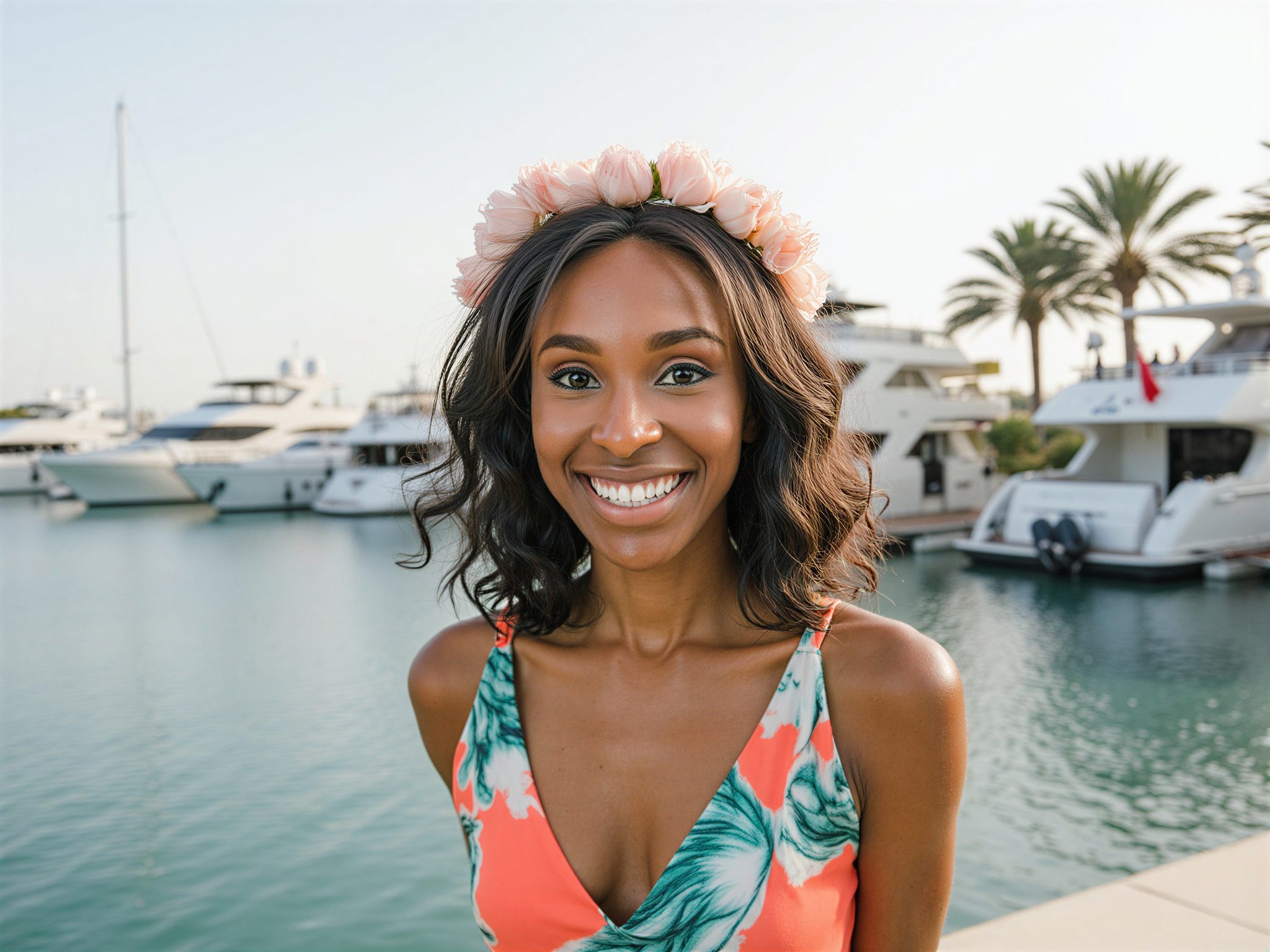 A joyful female figure, OD62S, aged 28, radiating happiness as she stands at the picturesque Al Hamra Marina. She wears a light, flowing sundress in vibrant shades of coral and turquoise that complement the sparkling waters. Her hair dances with the gentle breeze, adorned with a delicate floral crown. The marina's luxurious yachts and palm trees frame her in the background, capturing the essence of a perfect coastal day. Soft natural lighting bathes the scene, enhancing her bright smile and the serene atmosphere, creating an image of bliss and carefree summer vibes.