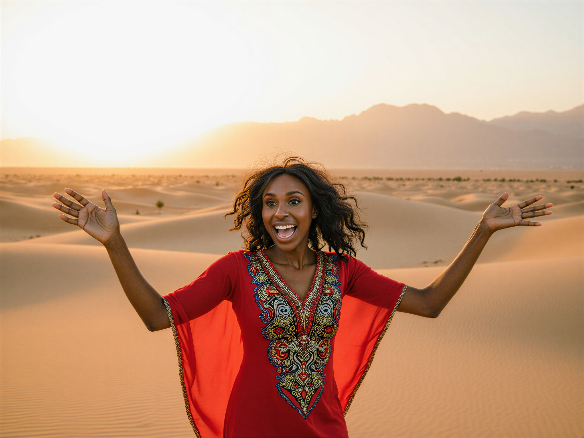 A joyful female, OD62S, aged 28, captured in a vibrant outdoor setting in Ras Al Khaimah. She wears a flowing, colorful kaftan with intricate embroidery that dances in the gentle desert breeze. The sun casts a warm golden glow, illuminating the stunning backdrop of majestic mountains and endless sand dunes. Her expression radiates happiness as she throws her arms wide, embracing the moment. The composition is lively and dynamic, celebrating the rich culture and natural beauty of the UAE, with soft, diffused lighting highlighting her carefree spirit.