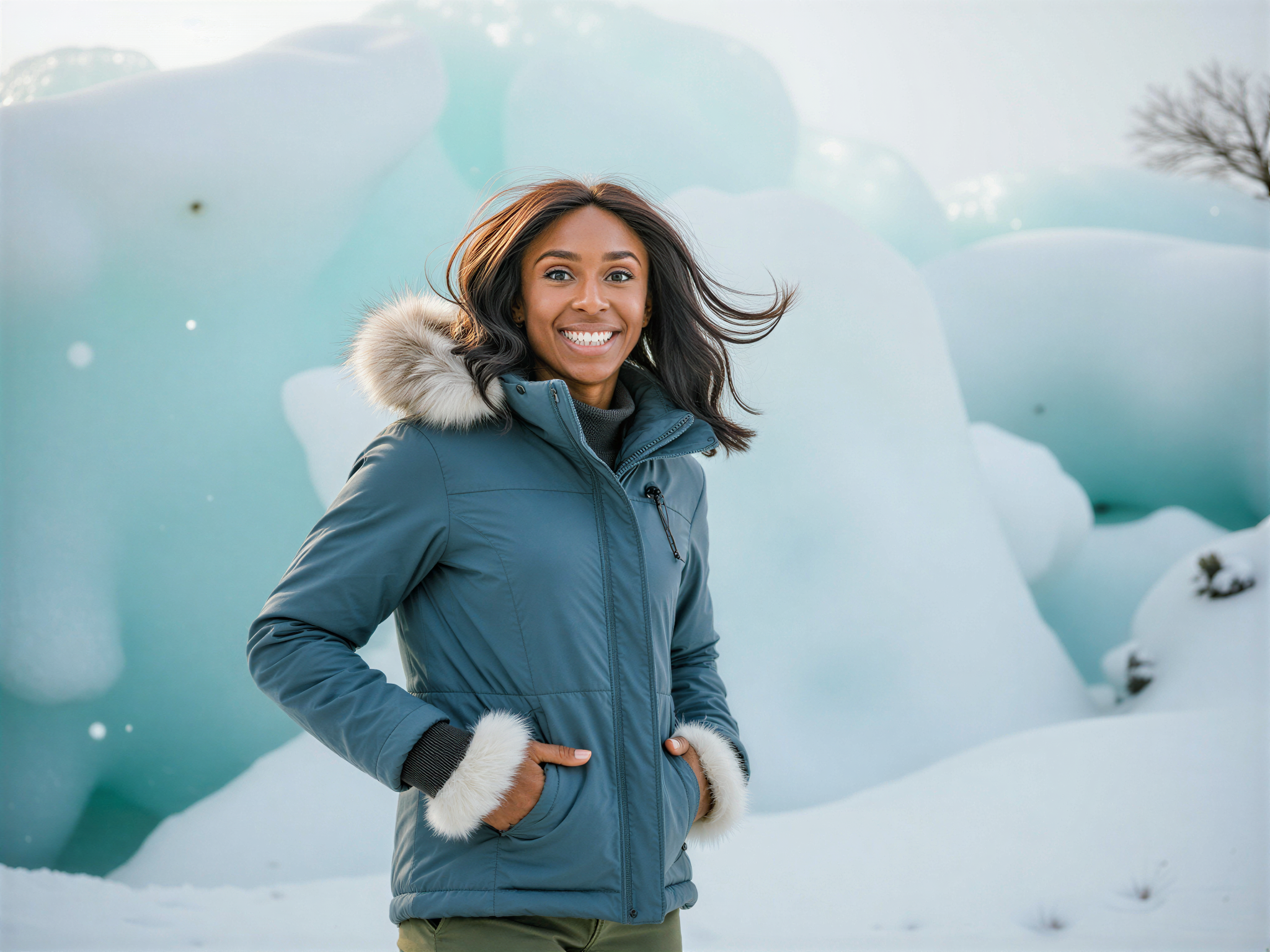 A joyful female figure, OD62S, aged 28, exploring a breathtaking ice land. She wears a chic, insulated parka in icy blue, adorned with fluffy white faux fur cuffs, and stylish ski pants. The scene is set against a stunning backdrop of glimmering ice formations and soft snowflakes falling around her, enhancing the magical atmosphere. Her face beams with happiness, eyes sparkling with the wonder of the cold landscape, and she playfully tosses her hair back in a carefree manner. Natural light captures the iridescent shimmer of the ice crystals, celebrating the beauty of the frozen world with a sense of adventure and glee.