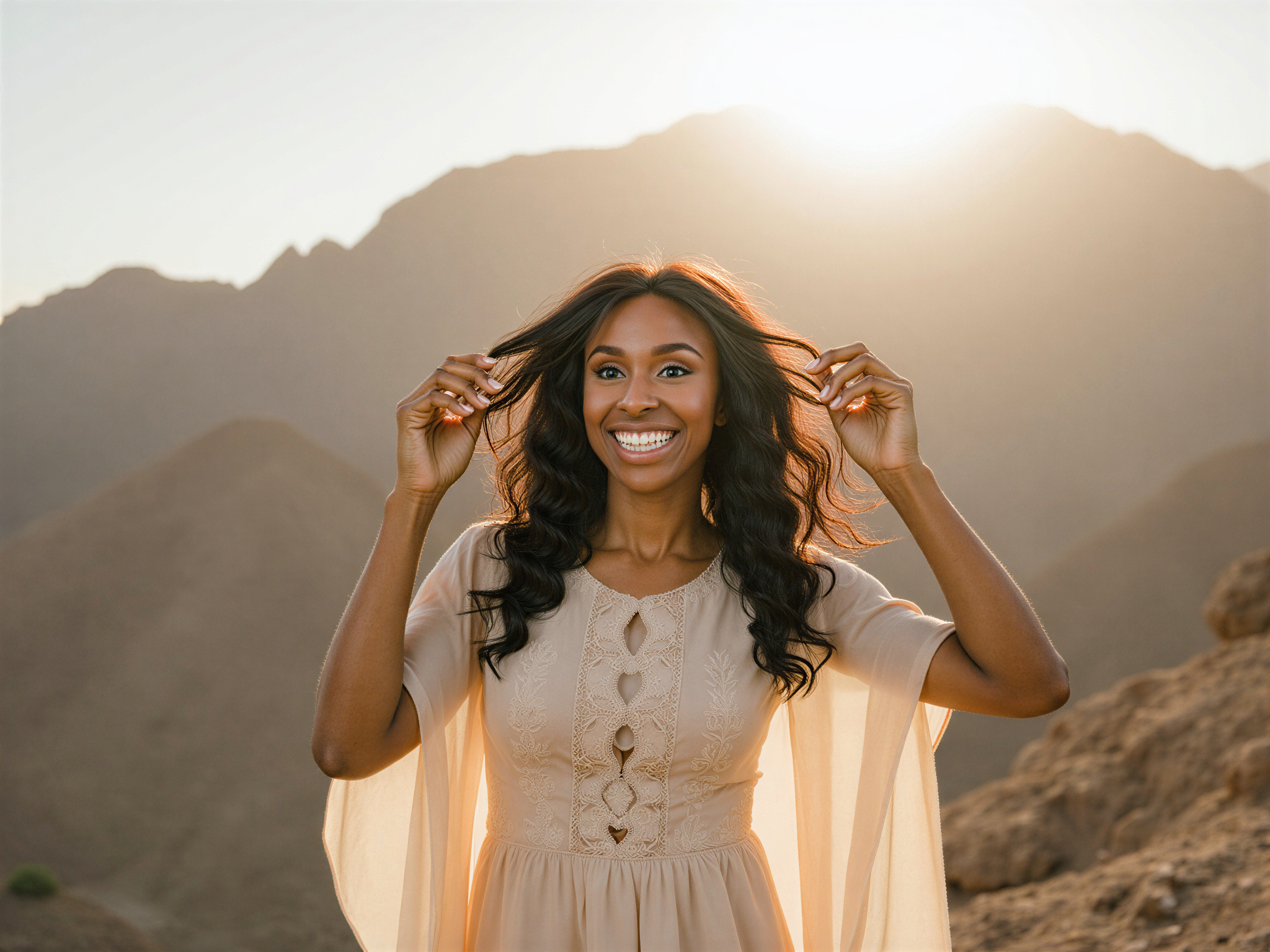 A joyful female figure, OD62S, aged 28, captured in a breathtaking outdoor scene at Jebel Jais. She is dressed in a flowing, bohemian-style maxi dress made of lightweight chiffon in a soft cream color, embellished with delicate floral embroidery. Her hair cascades in loose waves, catching the gentle mountain breeze. The setting showcases the dramatic peaks of Jebel Jais, with the sun casting a golden glow, illuminating her vibrant smile and sparkling eyes. The pose is carefree and relaxed, one hand playfully touching her hair while the other reaches toward the sky, embodying happiness and connection with nature. The overall mood radiates joy and freedom, set against this majestic backdrop.