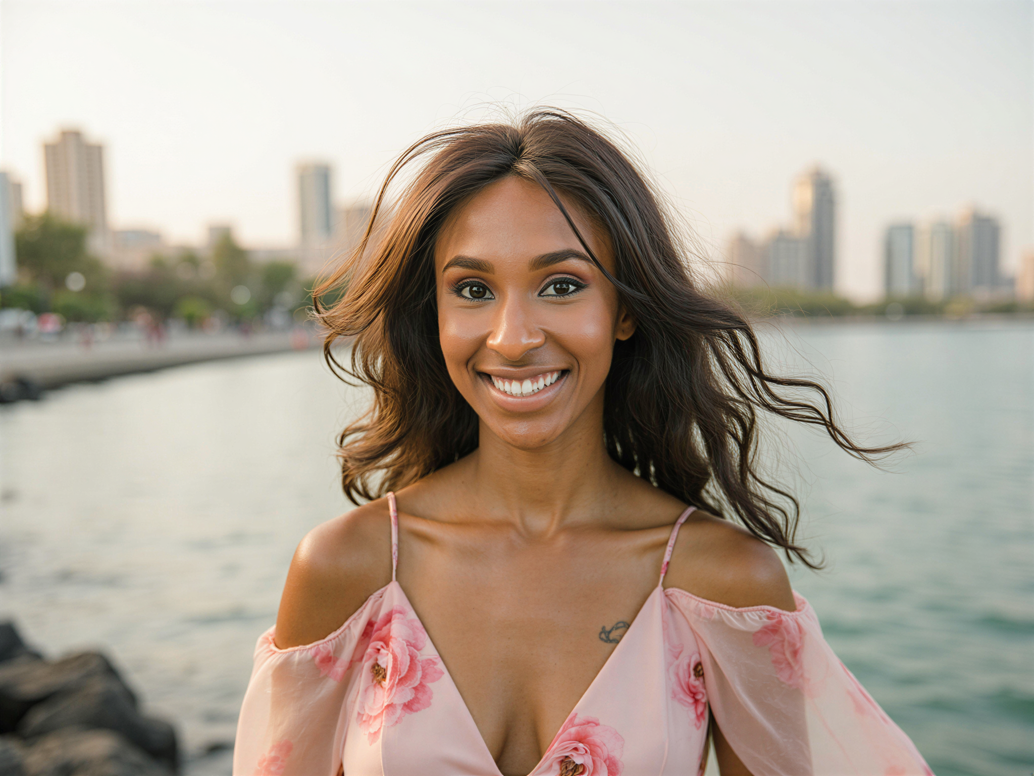 A vibrant portrait of a 28-year-old female, OD62S, beaming with joy at the Al Majaz Waterfront in Sharjah. She is dressed in a flowing, pastel-colored sundress that dances in the gentle breeze, with soft floral patterns that echo the surrounding lush greenery. Her hair flows freely, framing her radiant smile. The background captures the enchanting waterfront views, with the glittering water and the picturesque skyline, enhancing the cheerful ambiance of the scene. The lighting is warm and golden, creating a dreamy, joyful atmosphere that celebrates the moment.