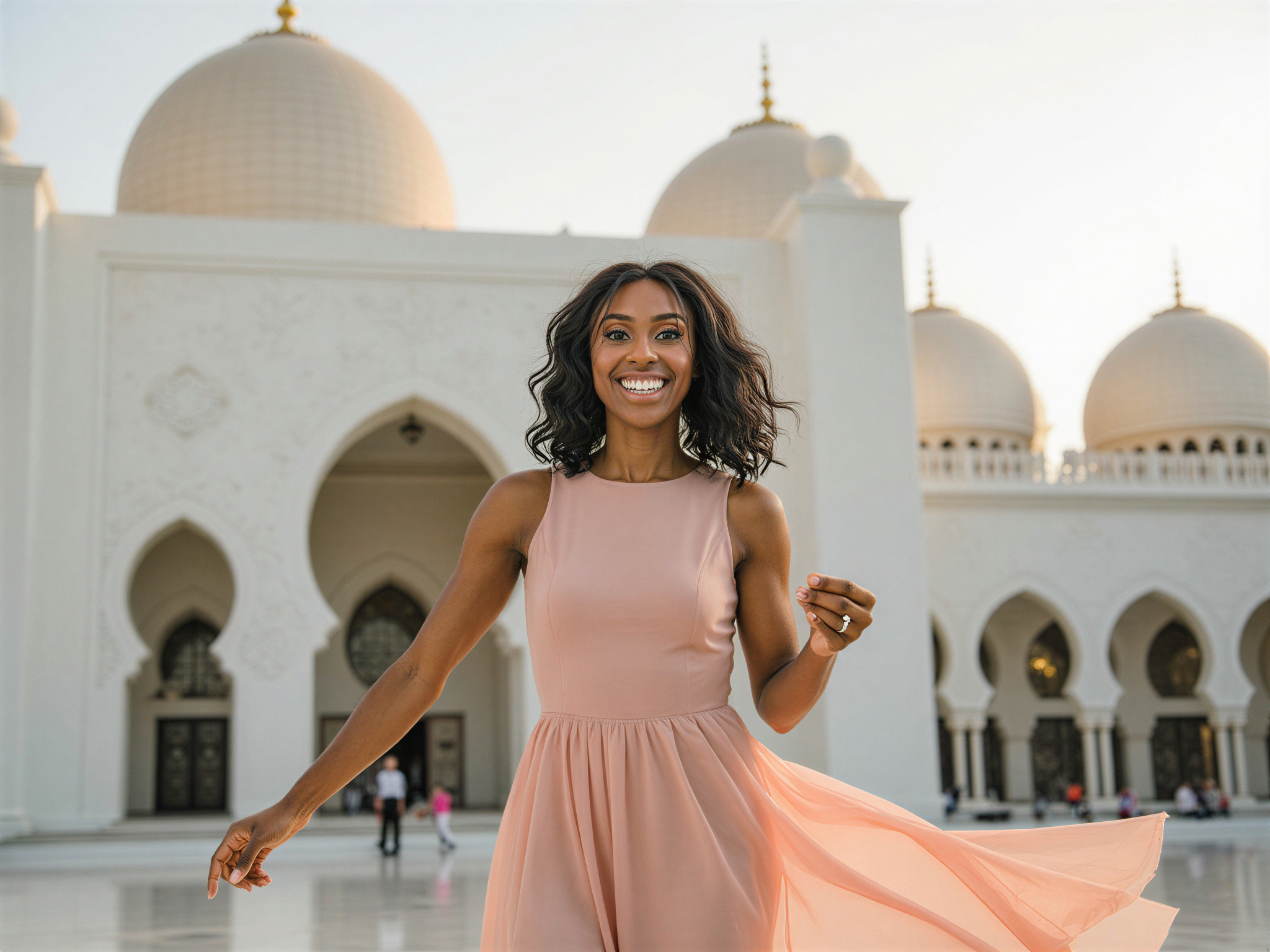 A joyful female figure, OD62S, aged 28, gracefully posing in front of the stunning Al Noor Mosque. She wears a flowing, elegant pastel-colored gown made of chiffon georgette that billows softly in the breeze, capturing the essence of ethereal beauty. The intricate architecture of the mosque serves as a breathtaking backdrop, with its gleaming domes and intricate tile work reflecting the setting sun's warm glow. Her hair is styled in loose waves, with delicate floral adornments that enhance her joyful expression. The composition employs natural lighting, maximizing the harmonious interplay of shadows and highlights, projecting an overall mood of happiness reminiscent of celebrating moments. The image embodies a perfect blend of fashion, culture, and natural beauty, reminiscent of a Vogue editorial spread without losing its personal touch.