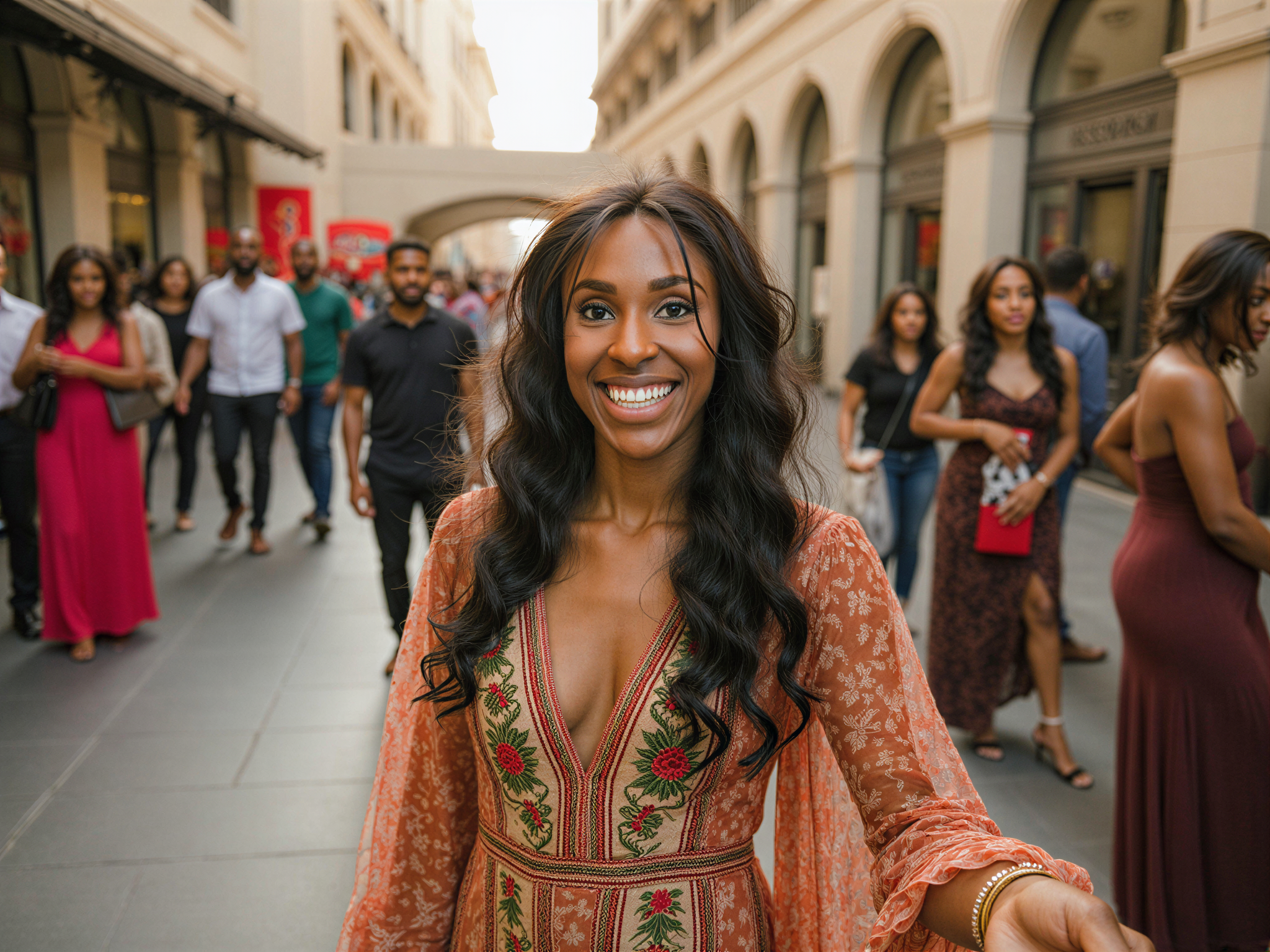 A joyful female subject, OD62S, aged 28, captured in the vibrant Heart of Sharjah, embodying the lively spirit of the cultural hub. She wears a flowing, colorful embroidered maxi dress with intricate patterns that reflect the traditional artistry of the region, radiating happiness and light. Her hair is styled in loose waves, adorned with delicate floral accessories. Sunlight bathes her in a warm glow, enhancing her radiant smile as she interacts with the lively market scene around her, characterized by rich textures and vibrant colors. The composition captures the essence of happiness and cultural celebration, set within the stunning architectural details of Sharjah, in a bright, uplifting editorial style.
