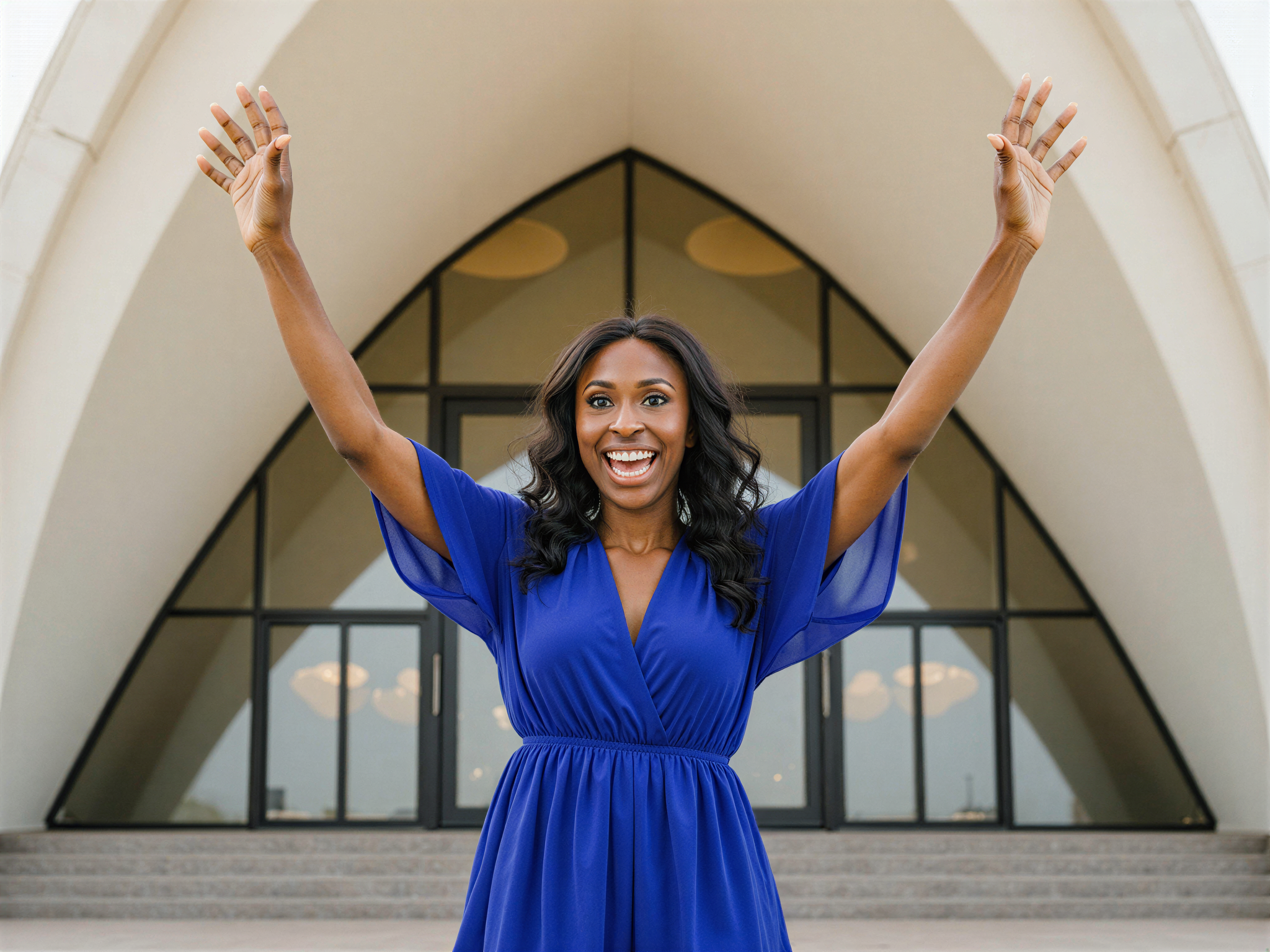A cheerful female subject, OD62S, aged 28, standing in front of the iconic Sharjah Art Museum. She wears a flowing, vibrant dress in shades of royal blue and gold, which mirrors the colors of the museum's architectural details. Her arms are raised in a joyful pose, exuding an air of celebration, while her smile radiates happiness. The museum's stunning facade serves as a picturesque backdrop, adorned with intricate geometric patterns. Soft, natural light envelops the scene, creating a warm atmosphere that invites the viewer into a moment of artistic appreciation and exuberance.