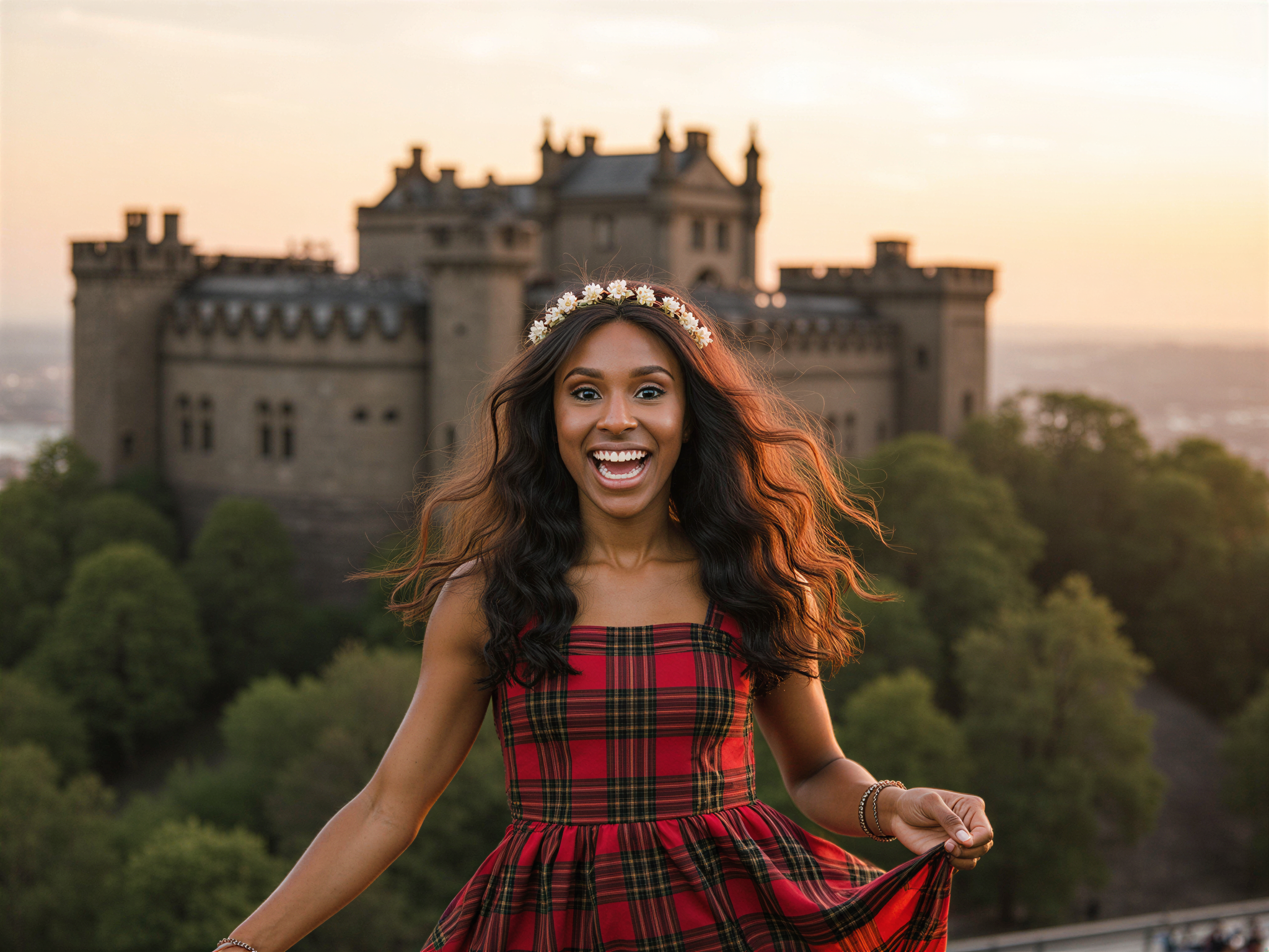 A joyful female figure, OD62S, aged 28, radiating happiness as she poses in front of the majestic Edinburgh Castle. Dressed in a flowing, plaid midi dress that captures the essence of Scottish heritage, the fabric dances in the gentle breeze. Her hair flows freely, tousled by the wind, accentuated by a simple flower crown. The historic stone walls of the castle rise behind her, bathed in the warm glow of a golden hour sunset, adding a dramatic yet enchanting backdrop. The atmosphere is one of celebration and joy, inviting the viewer into a moment of serene delight in this iconic landscape.