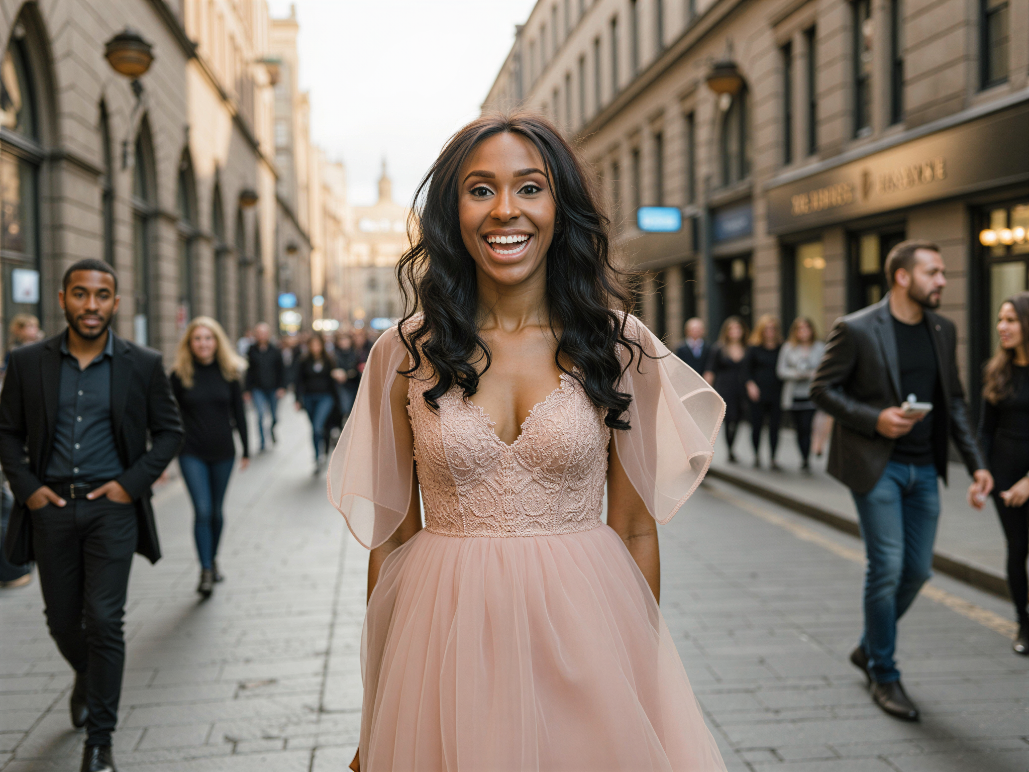 A joyful female figure, OD62S, aged 28, radiating happiness as she strolls along the historic Royal Mile in Edinburgh. Dressed in an elegant, flowing pastel-colored dress made of lightweight chiffon, adorned with intricate lace details and fluttering sleeves, she evokes the elegance of a modern-day princess. Her hair cascades in loose waves, embellished with delicate wildflowers. The cobblestone streets and centuries-old architecture form a stunning backdrop, enhanced by the soft, golden glow of the late afternoon sun. The shot captures her infectious smile and carefree spirit, orchestrating a harmonious blend of beauty, culture, and joy in this iconic setting.