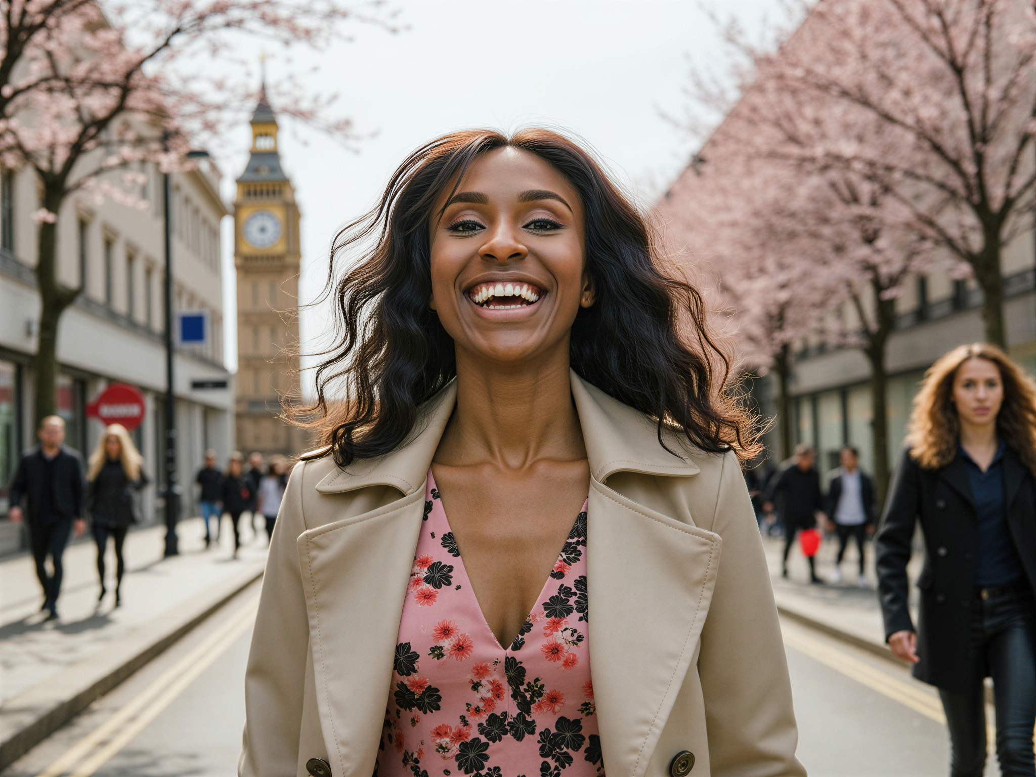 A vibrant street scene in London featuring a female subject, OD62S, aged 28, exuding joy and energy. She wears a chic, tailored trench coat in a soft ivory shade over a flowing dress adorned with floral prints, embodying the essence of modern London fashion. Her hair cascades in soft curls around her shoulders, catching the gentle breeze. The backdrop showcases iconic London landmarks like Big Ben and the Thames, with cherry blossoms framing the scene, enhancing the cheerful atmosphere. The composition captures her laughter, with a candid, carefree pose as she strolls through the bustling streets, sunlight filtering through the buildings, adding warmth and brightness to the image. The mood is undeniably happy, evoking a sense of urban vitality and charm.