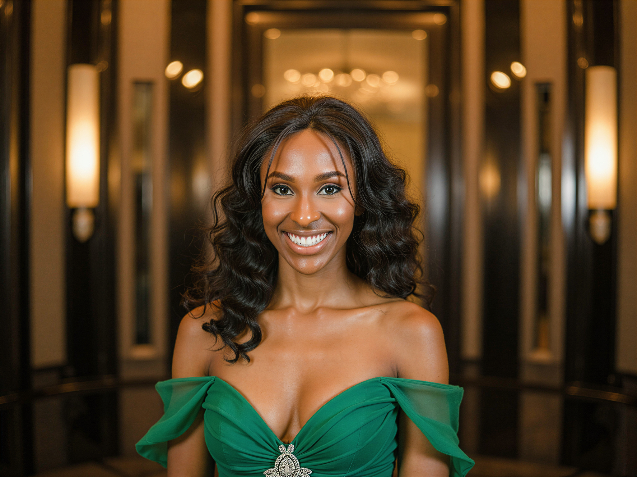 A vibrant and joyful portrait of a 28-year-old female individual, OD62S, embodying the essence of classic Hollywood glamour. She is adorned in a flowing emerald green chiffon gown with intricate beadwork that catches the light beautifully. Her hair cascades in soft, vintage curls reminiscent of the silver screen era, adorned with a delicate diamond headpiece. The setting exudes opulence, featuring an Art Deco-inspired backdrop with subtle gold accents. Her radiant smile and lively expression capture an infectious happiness, enhanced by warm, flattering lighting that highlights her features. The image conveys a timeless elegance and the exuberance of a Hollywood premiere.