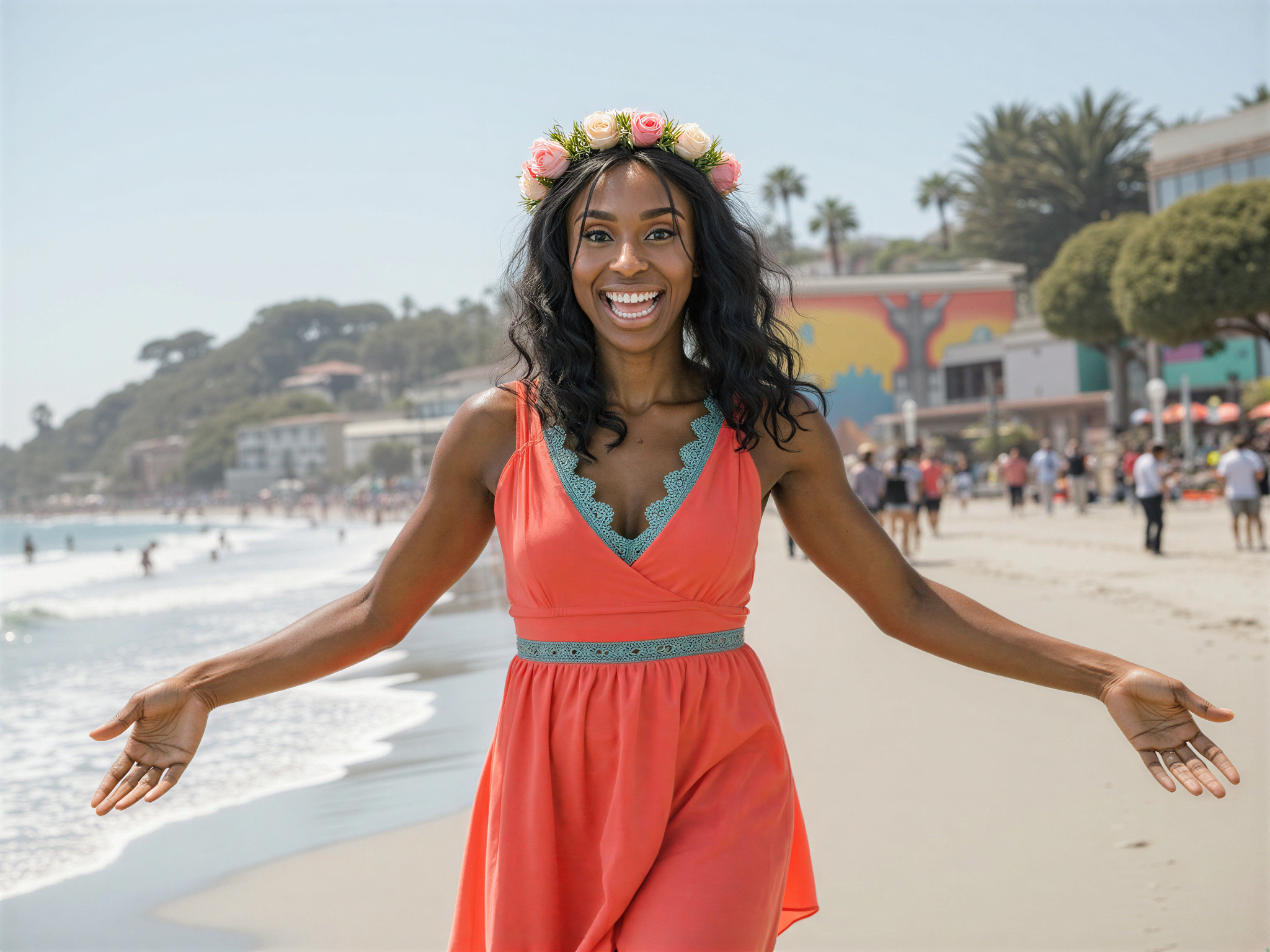 A joyful 28-year-old female, OD62S, captured at Venice Beach, embodying the carefree spirit of summer. She wears a flowing, vibrant sundress in shades of coral and turquoise, with delicate lace trim fluttering in the ocean breeze. Her hair is tousled in beachy waves, adorned with a playful flower crown. Standing on the sandy shore, she beams with happiness, her arms outstretched as if embracing the sun. The sparkle of the surf reflects in her bright eyes, and the iconic Venice Beach boardwalk provides a lively backdrop, filled with vibrant murals and cyclists. The image radiates joy and freedom, encapsulating the warmth of sunny days at the beach.