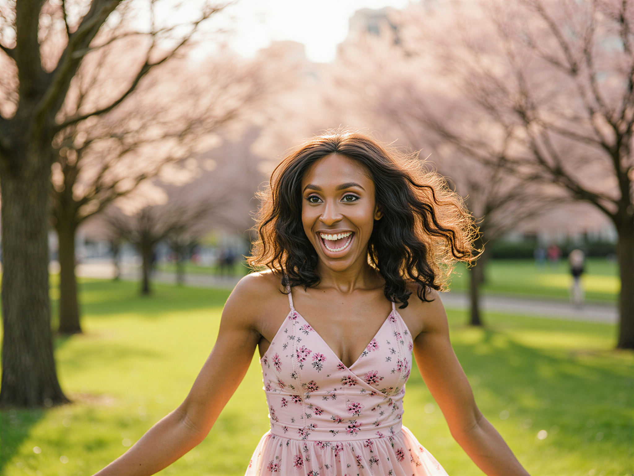 A vibrant scene featuring a 28-year-old female, OD62S, joyfully enjoying a sunny day in Central Park. She wears a flowy, pastel floral sundress that dances with the breeze, embodying the essence of spring. Her laughter is contagious as she twirls amidst blooming cherry blossom trees, with petals gently falling around her like confetti. The sun casts a warm golden glow, creating a dreamy atmosphere, while soft bokeh highlights the lush green grass and vibrant flowers surrounding her. The image captures the carefree spirit of a perfect day outdoors, radiating happiness and joy.
