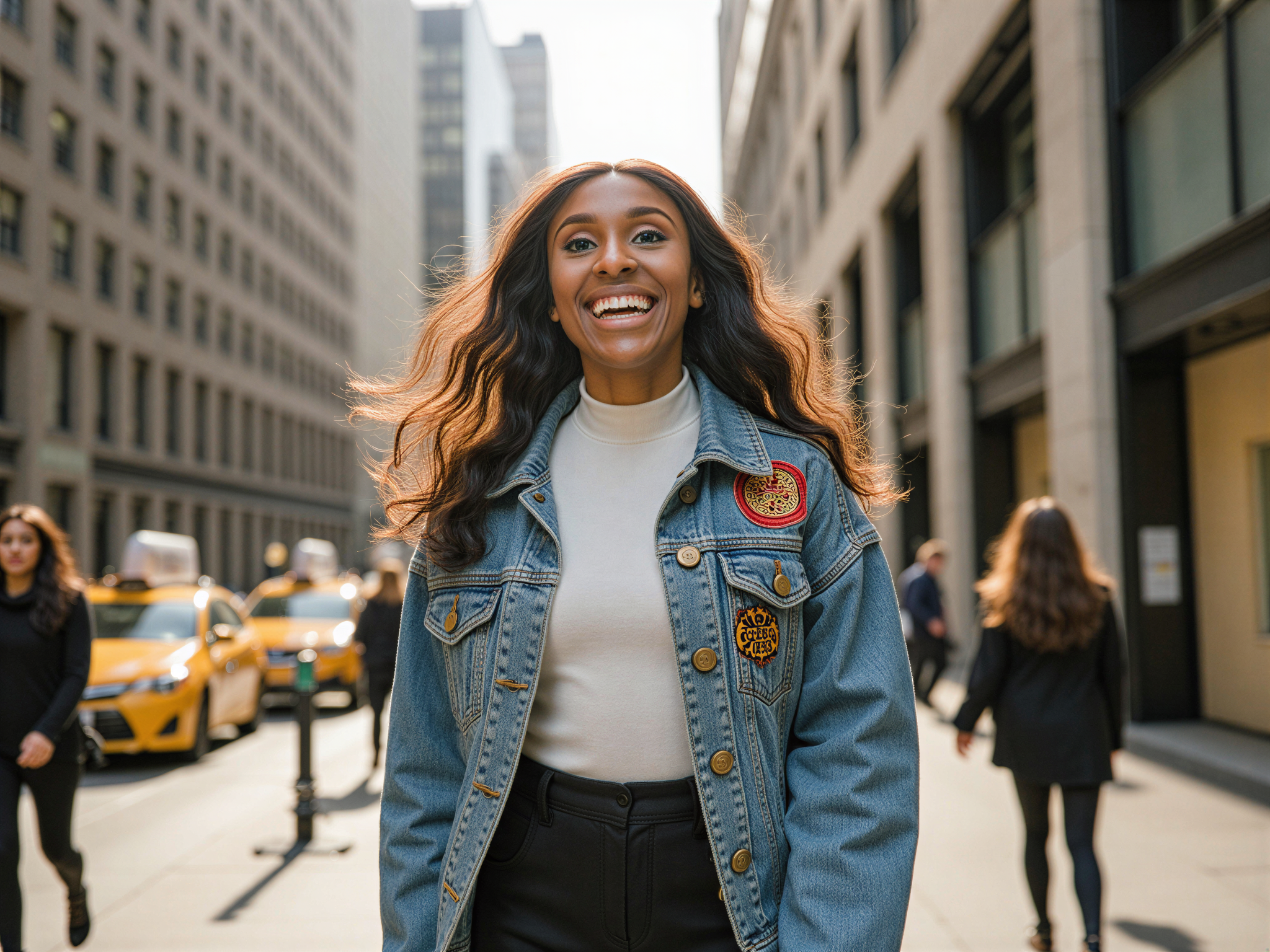 A vibrant street scene in New York, featuring a joyful female, OD62S, aged 28, embodying the spirit of the city. She wears a stylish, oversized denim jacket adorned with colorful patches, paired with a chic white turtleneck and tailored black trousers. Her hair flows freely, catching the light as she smiles brightly, exuding a sense of freedom and happiness. The background captures iconic New York elements: yellow cabs, bustling pedestrians, and towering skyscrapers, all bathed in warm, golden sunlight. The composition emphasizes her as the focal point, surrounded by the dynamic energy of the city, evoking a feeling of joy and urban vitality.