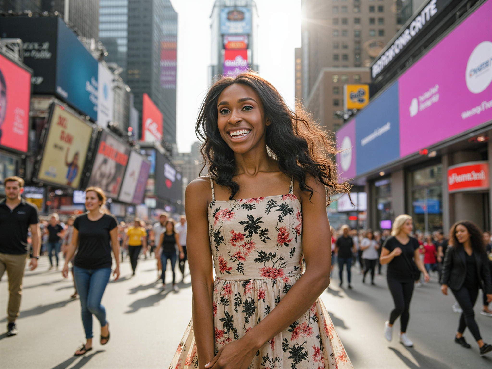 A vibrant and joyful female, OD62S, aged 28, captured in the bustling heart of Times Square, radiating happiness. She wears a chic, colorful sundress adorned with floral patterns, paired with stylish white sneakers. Her hair flows freely, reflecting the lively atmosphere around her. The background is a dynamic collage of bright advertisements and flashing lights, emphasizing the electric energy of the city. Soft sunlight filters through, creating a warm glow that captures her infectious smile and carefree spirit. The composition balances her lively pose with the iconic urban landscape, evoking a sense of freedom and urban joy.