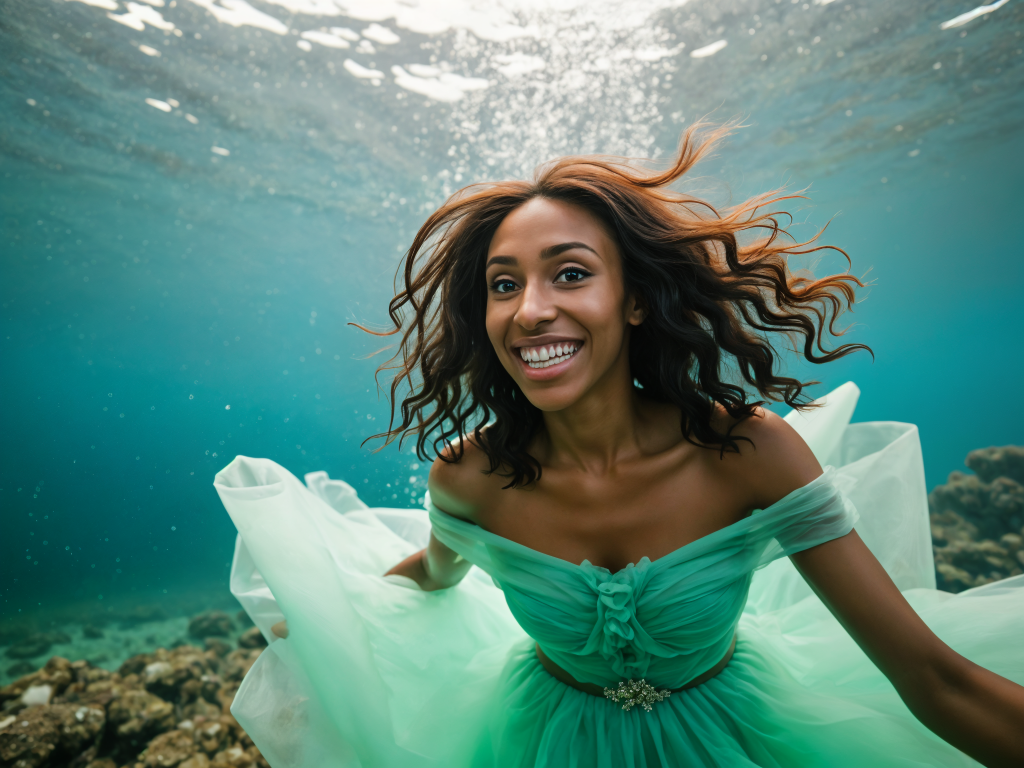 A vibrant underwater scene featuring a 28-year-old female model, OD62S, radiating joy as she flits gracefully through a coral reef. She wears an ethereal, flowing gown in shades of aqua and seafoam green, designed from lightweight chiffon that mimics the movement of water. Sunlight filters through the surface, creating playful dapples on her skin and illuminating the colorful marine life surrounding her. Her hair flows freely, adorned with delicate seashells and small white flowers, echoing the radiant mood of happiness. The composition captures both the beauty of the underwater world and the joy of being one with nature, creating a magical, whimsical atmosphere that feels like a fairytale. This photorealistic image will showcase the enchantment of aquatic life and the model’s infectious smile, embodying the spirit of exploration and wonder.