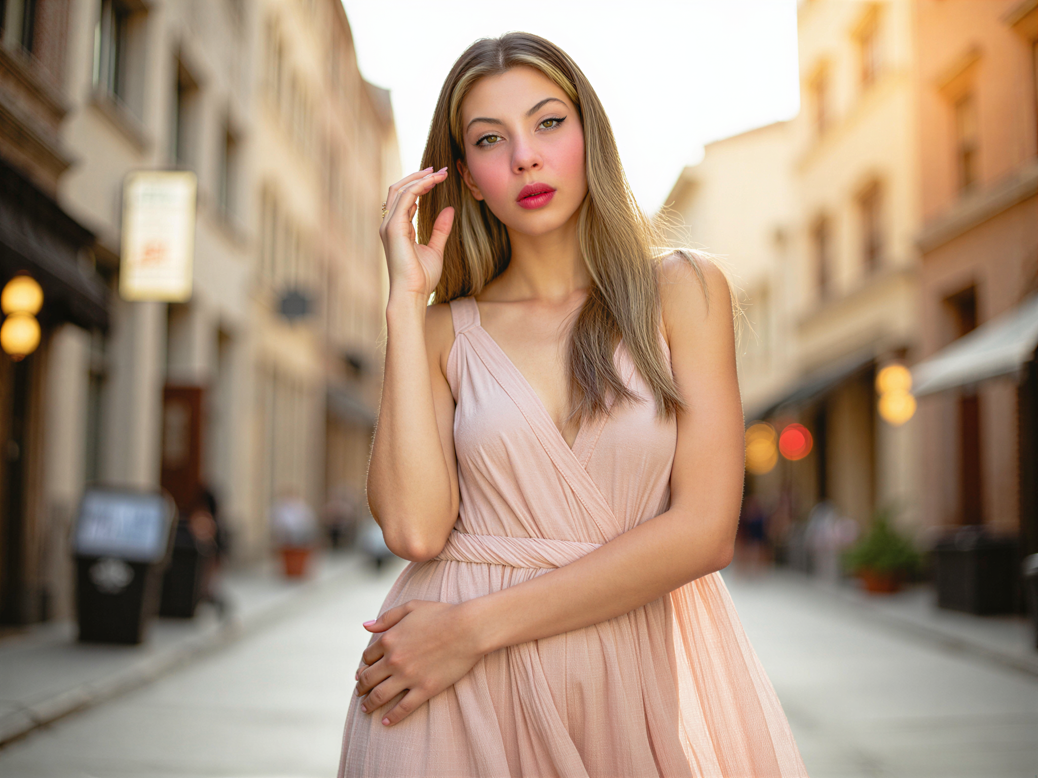 A radiant 25-year-old female, OD62S, captured in a joyful moment while on a date. She is dressed in a chic pastel floral maxi dress that flows gracefully as she moves, set against a sunlit urban backdrop with soft bokeh lights creating a dreamy atmosphere. Her hair cascades in loose waves, and her expressive smile exudes warmth and happiness. The lighting is soft and flattering, casting a golden hour glow around her, evoking feelings of romance and joy in this moment of connection. This photographic style embodies a contemporary lifestyle editorial, capturing the essence of modern love and happiness.
