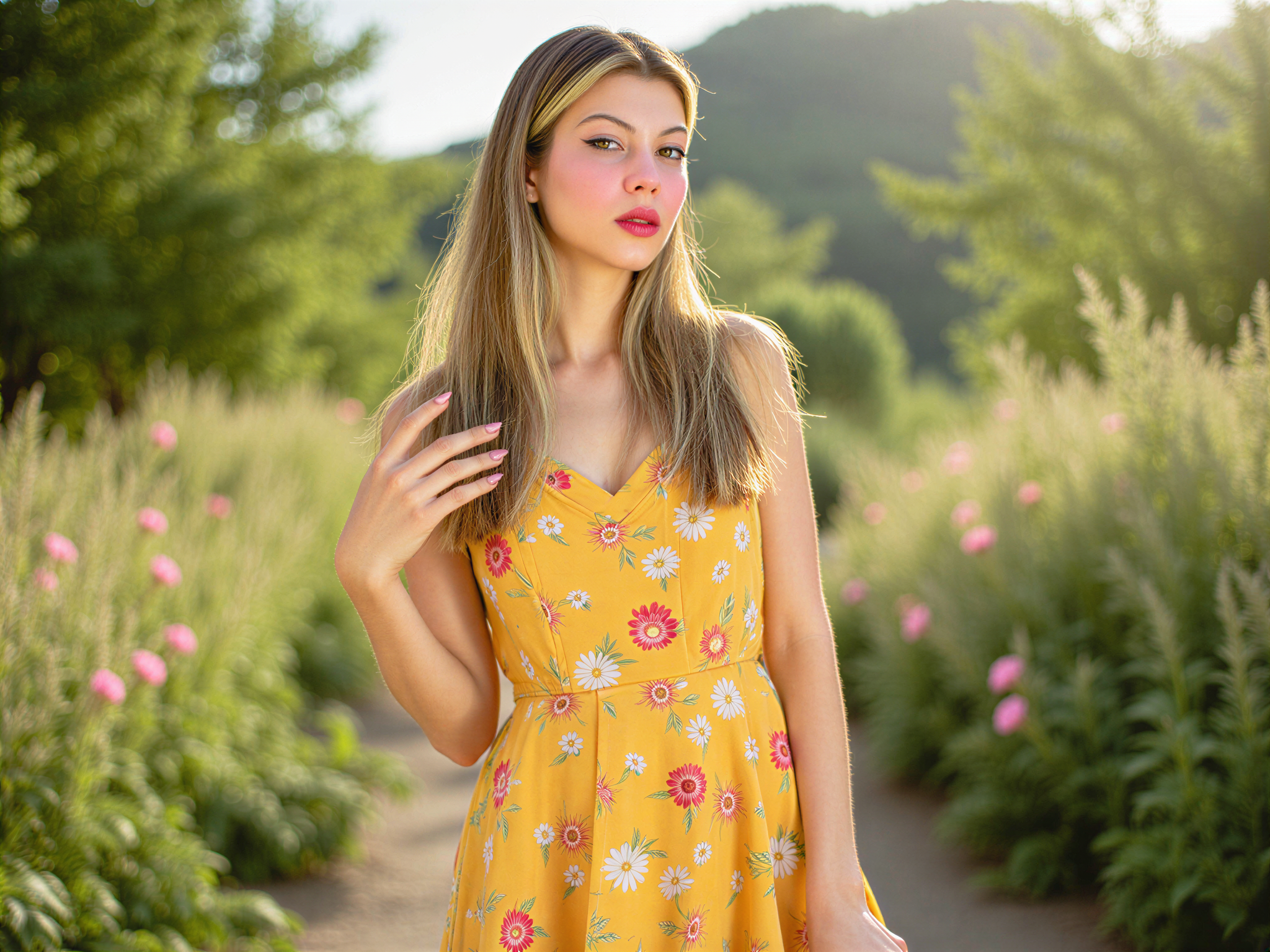 A joyful female individual, OD62S, aged 28, celebrating a moment of happiness in a vibrant outdoor setting. She wears a bright, fit-and-flare sundress adorned with floral patterns, the fabric catching the sunlight beautifully. Her hair is styled in loose, carefree waves, and she sports a warm smile that radiates joy. Surrounded by blooming flowers and greenery, the scene is filled with soft, dappled sunlight creating an enchanting atmosphere that reflects her cheerful demeanor. The composition emphasizes her lively energy and the bliss of the moment, reminiscent of a captivating summer fashion editorial.