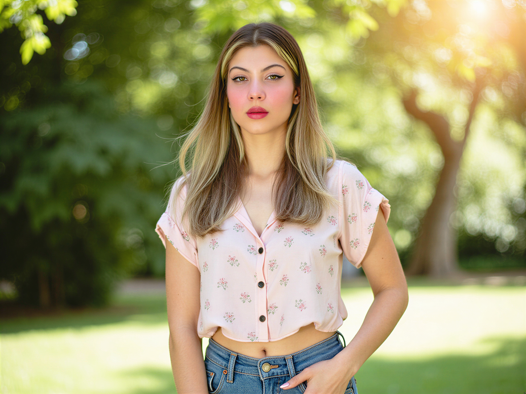 A vibrant and joyful portrait of a female individual, OD62S, aged 28, emanating confidence and happiness reminiscent of a modern Tinder profile. She stands outdoors in a sun-drenched park, wearing a chic, casual outfit of high-waisted jeans and a playful pastel blouse adorned with floral prints. Her hair flows freely in soft waves, framing her face as she smiles brightly, exuding an approachable and friendly vibe. Sunlight filters through leaves, creating a warm glow around her, and the composition captures the essence of youthful exuberance and authenticity, suitable for a contemporary dating app profile.