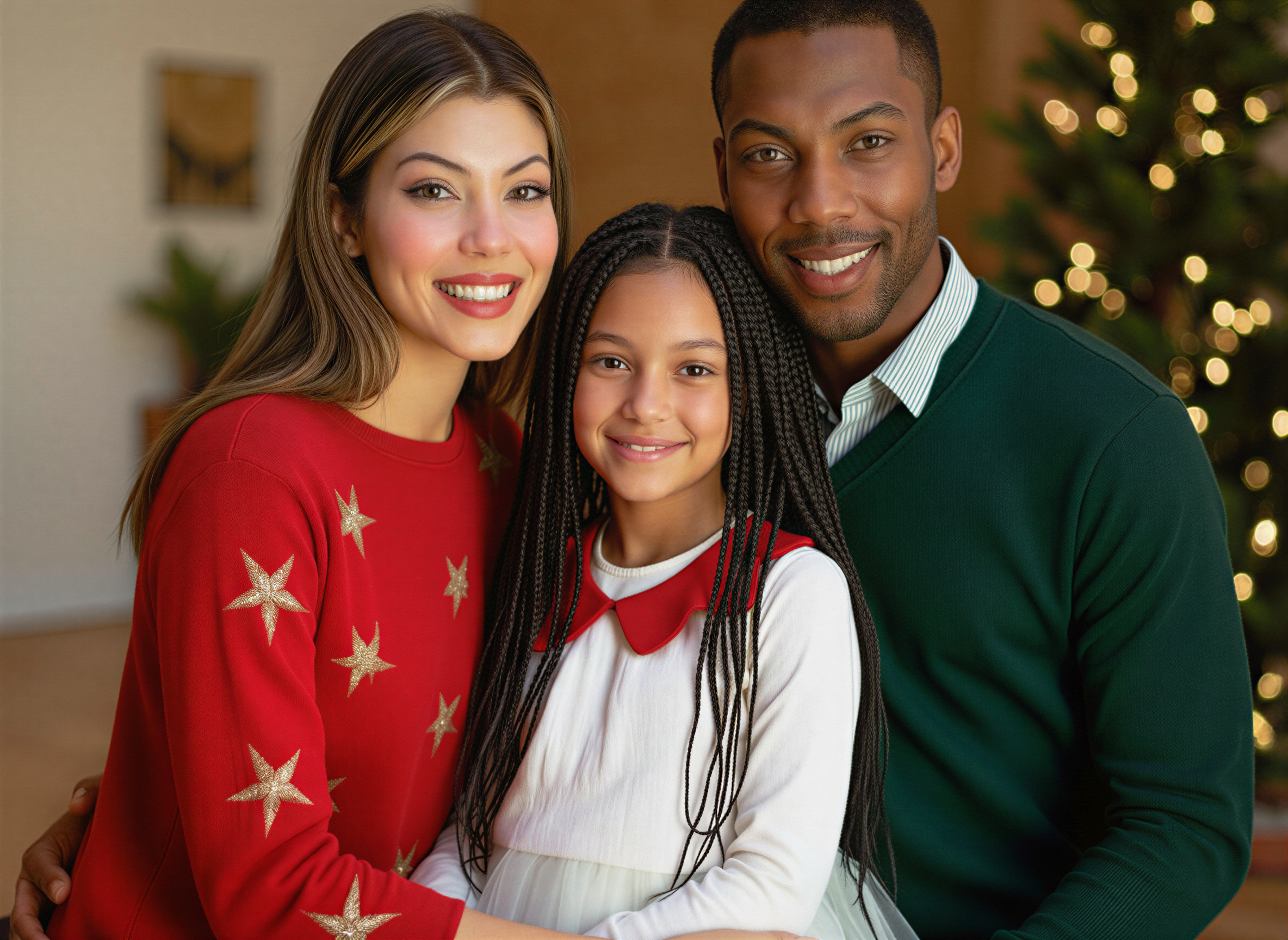 A happy family portrait featuring a woman in a red sweater with gold stars, a girl with braided hair in a white dress with a red collar, and a man in a green sweater, all smiling in a festive setting with a Christmas tree in the background.