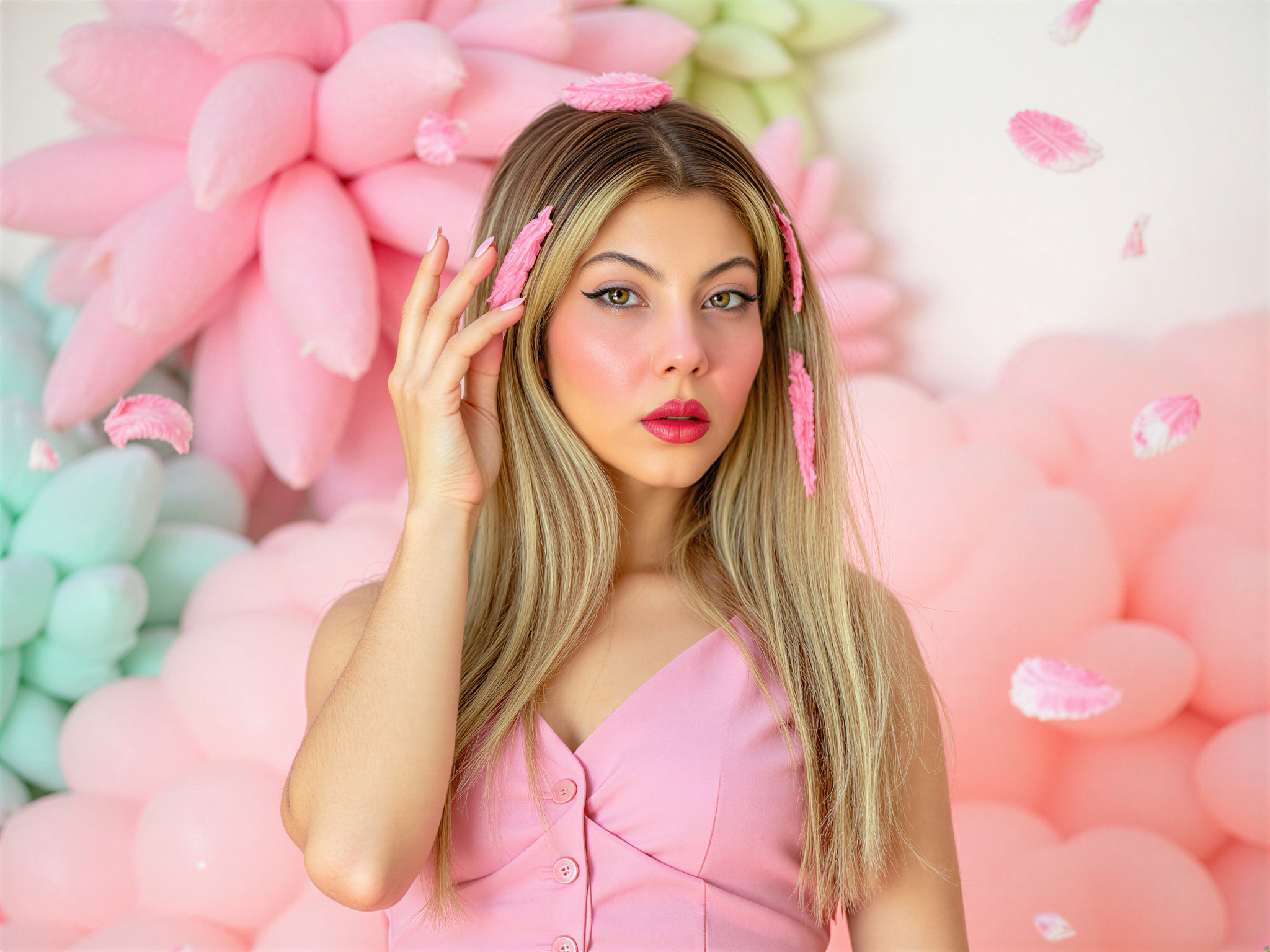 A female individual, OD62S, aged 28, ROLE-PLAYING as an anime character in a vibrant, colorful setting that captures a joyful atmosphere. She is wearing a meticulously crafted costume inspired by a popular anime, complete with exaggerated features such as large, expressive eyes, and vibrant hair styled in whimsical layers. The environment is filled with playful elements such as floating sakura petals and soft pastel clouds, creating a sense of wonder. The lighting is bright and dynamic, enhancing the cheerful mood. This hyper-realistic portrayal captures the essence of the character while celebrating the joyful spirit of anime culture.