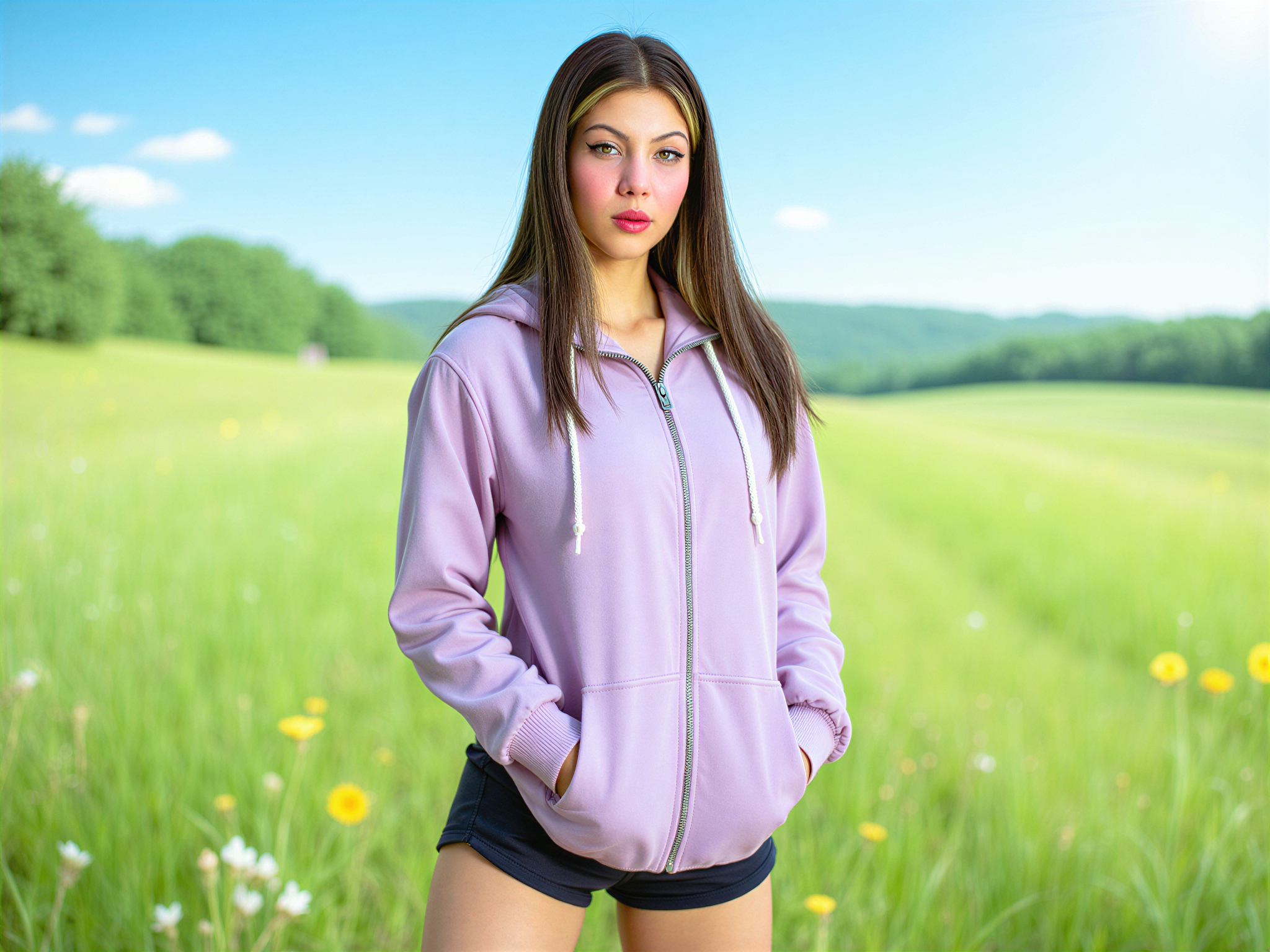 A female model, OD62S, aged 28, ROLE-PLAYING as Hinata Hyuga from the anime series Naruto. She stands in a lush, sunlit meadow, wearing a detailed, hyper-realistic outfit that mirrors Hinata's iconic look—complete with a lavender hooded jacket and dark shorts. The model has long, dark hair styled to resemble Hinata's, cascading softly around her shoulders. Her expression is joyful, radiating happiness, with a gentle smile that captures the essence of the character. The background is vibrant with colorful wildflowers and a clear blue sky, enhancing the blissful, serene atmosphere. The overall composition is bright and cheerful, conveying a sense of warmth and optimism.