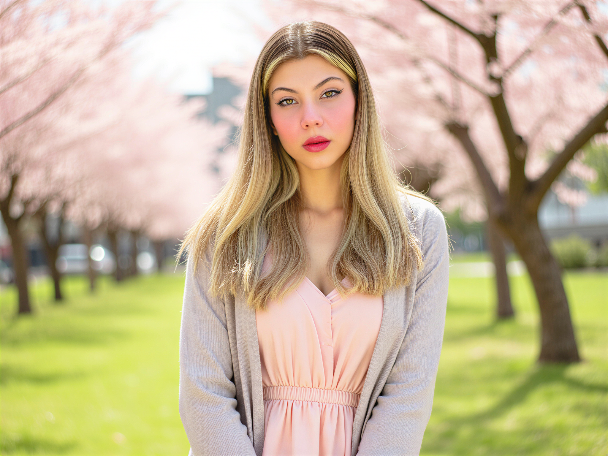 A joyful female figure, OD62S, aged 28, embodying the character Mai Sakurajima from the series 'Rascal Does Not Dream of Bunny Girl Senpai.' She is styled in a playful, contemporary outfit reminiscent of Mai's signature look, featuring a pastel-colored mini dress layered with a light cardigan. Her long hair is styled in soft waves, adorned with a delicate hairpin that reflects a whimsical, youthful aesthetic. The scene captures her in a vibrant outdoor setting filled with blooming cherry blossoms, sunlight filtering through the branches, evoking a warm and cheerful atmosphere. The composition balances lightness and depth, highlighting the character's vibrant personality and emotional resonance. The overall mood is happy and uplifting, creating a visually arresting image that brings the character to life.