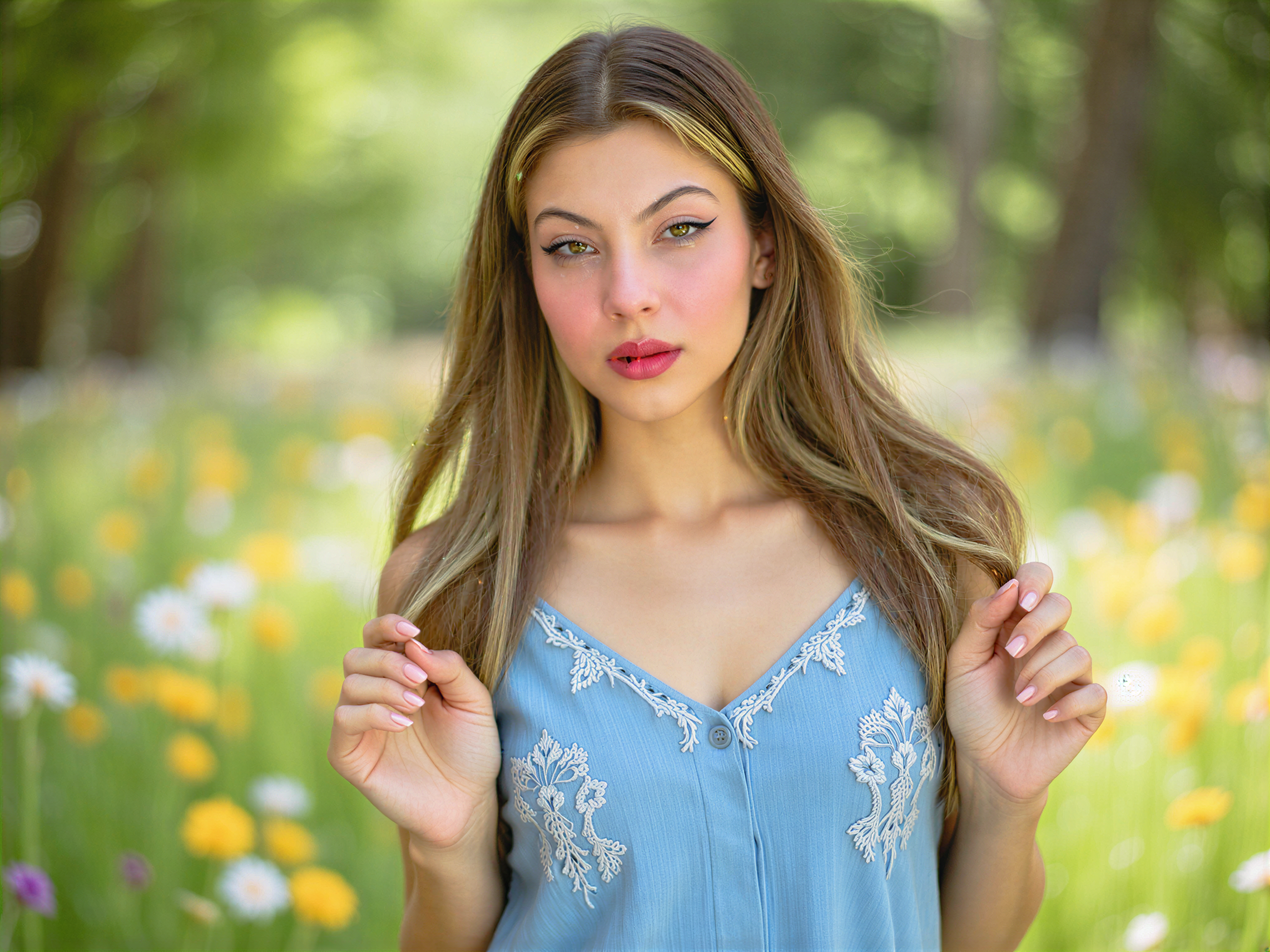 A joyful female embodying the essence of Rem, aged 28, beaming with happiness. She wears a whimsical, flowing blue dress accented with delicate lace details, reminiscent of dappled sunlight filtering through a serene forest. Her hair cascades in soft waves, adorned with wildflowers, enhancing her ethereal charm. The background features a vibrant meadow filled with colorful blooms, capturing the essence of carefree bliss. Natural, soft lighting bathes the scene in a warm glow, perfectly highlighting her radiant smile and the whimsical nature of the moment, creating a dreamlike atmosphere that evokes happiness and nostalgia.