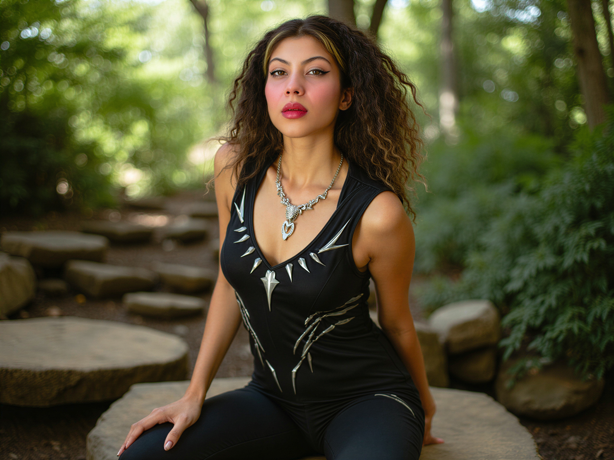 A female individual, OD62S, aged 28, role-playing as Black Panther in a joyful pose, showcasing vibrant energy. She wears a sleek black bodysuit adorned with intricate silver accents, reminiscent of the Black Panther costume, and a regal necklace that reflects the character's strength. Her hair is styled in natural curls, framed beautifully around her face, with a broad smile radiating happiness. The backdrop features a majestic jungle scene, capturing the essence of Wakanda with lush greenery and dappled sunlight filtering through the trees. The lighting is soft, creating a warm, inviting atmosphere. This hyper-realistic representation brings forth a celebration of joy and empowerment, fitting for a modern superhero portrait.