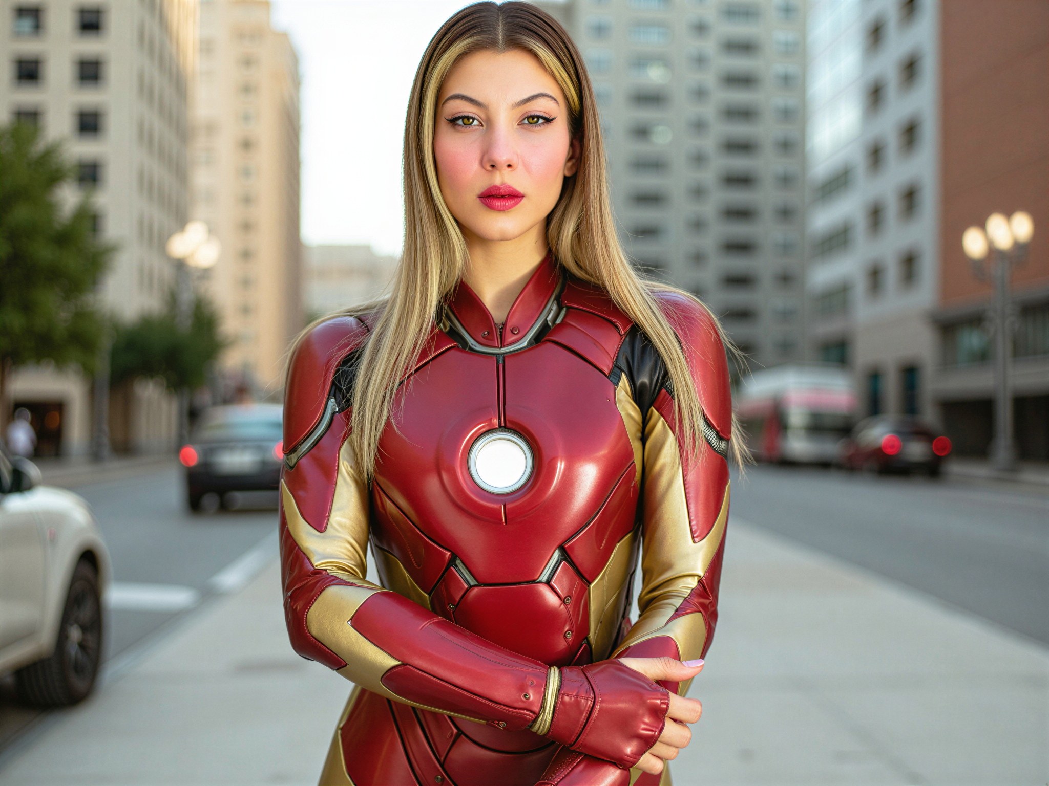 A female role-playing character, OD62S, aged 28, embodying the essence of Iron Man in a hyper-realistic portrayal. She wears a custom-made, fitted metallic red and gold armor that glimmers under soft lighting, capturing the essence of the iconic superhero while maintaining a feminine silhouette. Her confident stance emphasizes her strength, with a playful smirk on her face, showcasing her happiness. The setting is a bright, fantastical urban backdrop, adorned with hints of advanced technology and comic book elements, enhancing the joyful spirit of the moment. The composition balances action and celebration, inviting viewers into her superhero world.