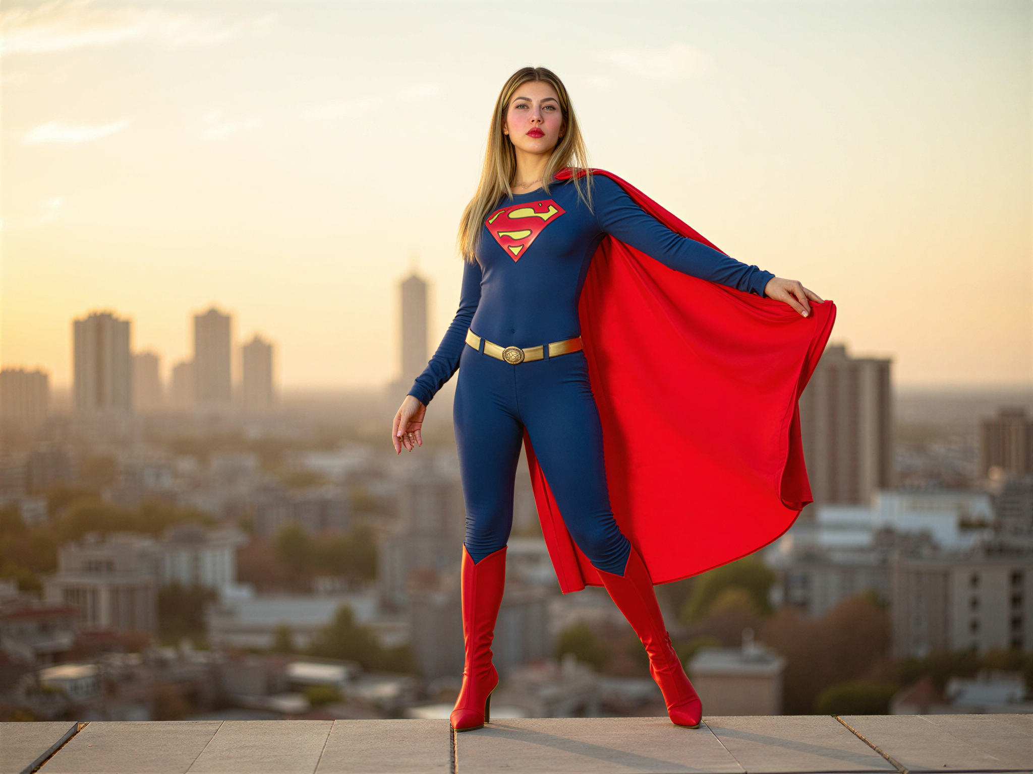 A realistic female model, OD62S, aged 28, portrayed as Superman in a vibrant and uplifting scene. She wears a tailored Superman costume, complete with the iconic blue bodysuit adorned with the red and yellow emblem, complemented by a flowing red cape that billows dramatically in the wind. Her vibrant red shoes add a playful touch. Bathed in warm, golden hour sunlight, she stands confidently on a city rooftop, arms akimbo, radiating happiness and empowerment. The skyline behind her captures a sense of freedom and adventure, embodying the spirit of heroism. The setting conveys a joyful and optimistic mood, perfect for a modern superhero narrative.