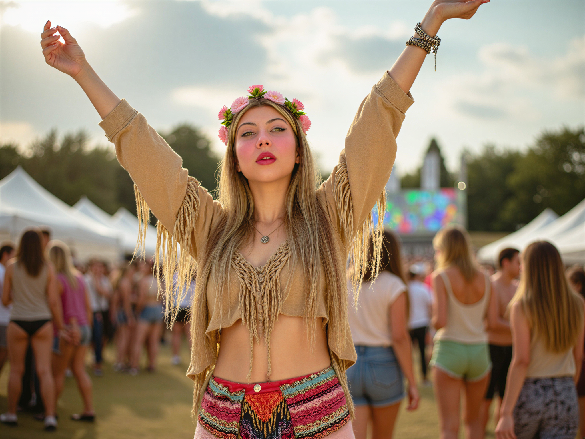 A vibrant, high-energy portrait of a female, OD62S, aged 28, immersed in the joyous atmosphere of a music festival. Dressed in a colorful boho-chic ensemble featuring fringed crop tops, layered skirts in kaleidoscopic hues, and adorned with flower crowns, she embodies carefree spirit and happiness. Her arms are raised in celebration, catching the sunlight that filters through the trees, creating a dreamlike aura. The background is a festival scene, with tents, colorful flags, and vivid lights softly blurred, emphasizing her radiant smile and joyous energy. The lighting is bright and warm, reflecting the ecstatic mood of a festival day, evoking a sense of freedom and youthful exuberance.