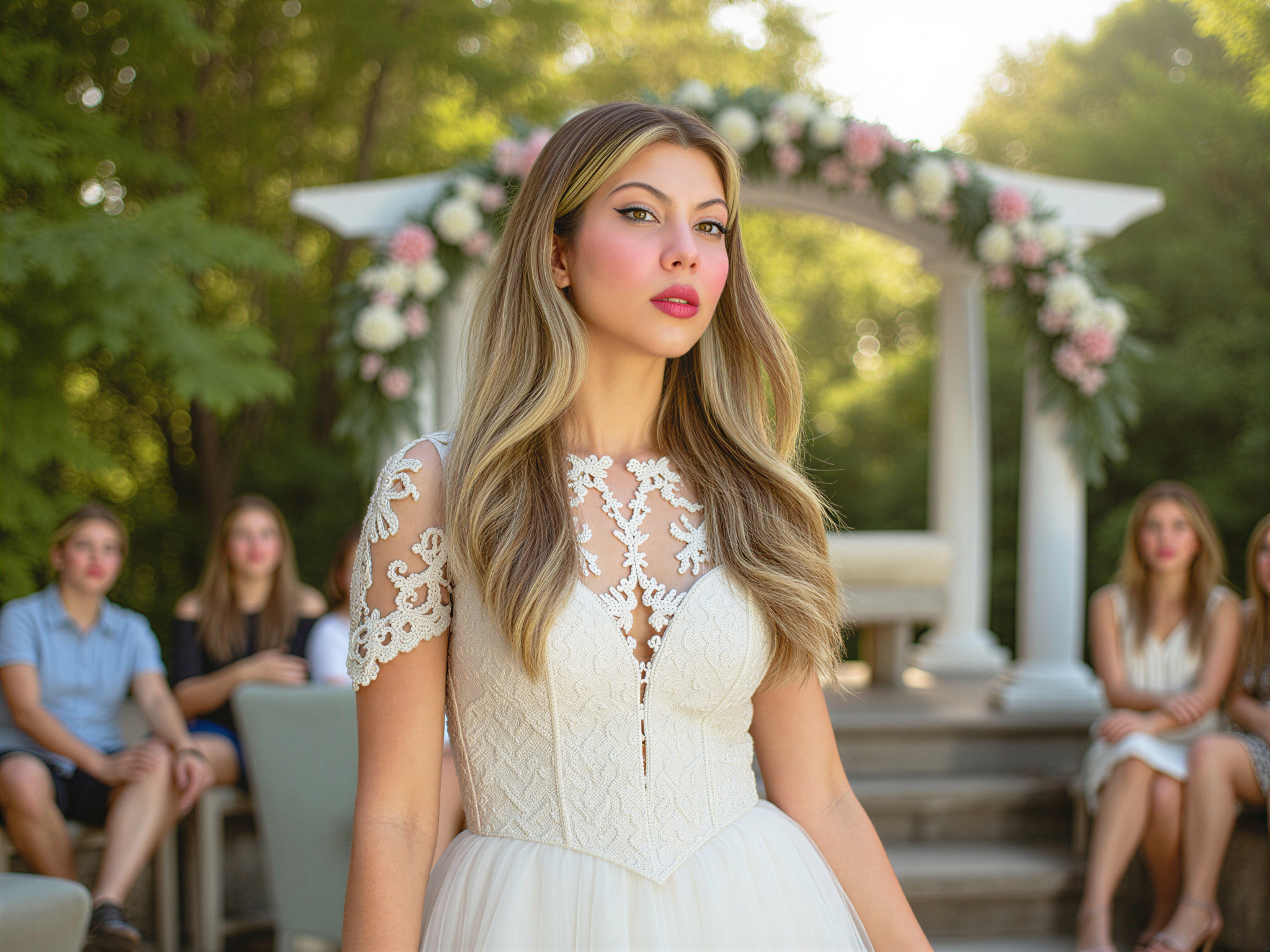 A joyful female figure, OD62S, aged 28, captured in an outdoor wedding ceremony setting filled with soft, dappled sunlight filtering through lush greenery. She wears an enchanting lace wedding gown with delicate cap sleeves, the fabric shimmering as she moves. Her hair is styled in loose, romantic waves adorned with fresh flowers, and her expression beams with happiness as she gazes at her partner. The background includes elegantly arranged floral decorations and guests smiling, creating a celebratory atmosphere that embodies love and joy, all enhanced by warm, golden hour lighting that paints the scene with a magical glow.