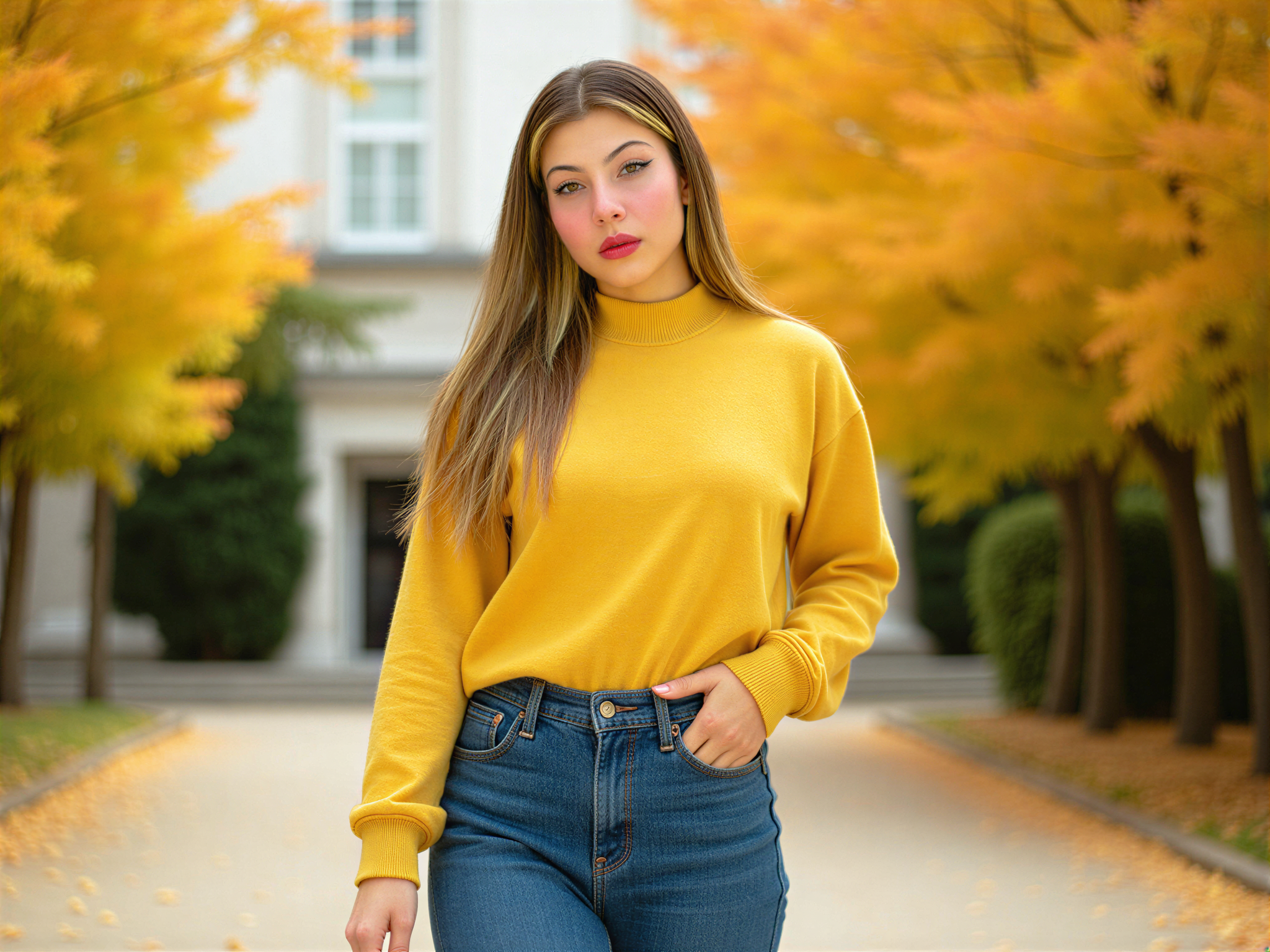 A vibrant college scene featuring a 28-year-old female student, OD62S, joyful and animated as she strides across campus. She's clad in a stylish, casual ensemble of high-waisted denim jeans and a cheerful, oversized yellow sweater that perfectly captures her youthful spirit. Her hair cascades in loose waves, framing her face adorned with a beaming smile. Bright autumn leaves swirl around her, creating a picturesque backdrop of warming colors. Natural sunlight bathes the scene, enhancing the atmosphere of happiness and vitality typical of college life. The pose exudes confidence and exuberance, evoking the freedom and optimism of youth in an editorial style that emphasizes both fashion and emotion.
