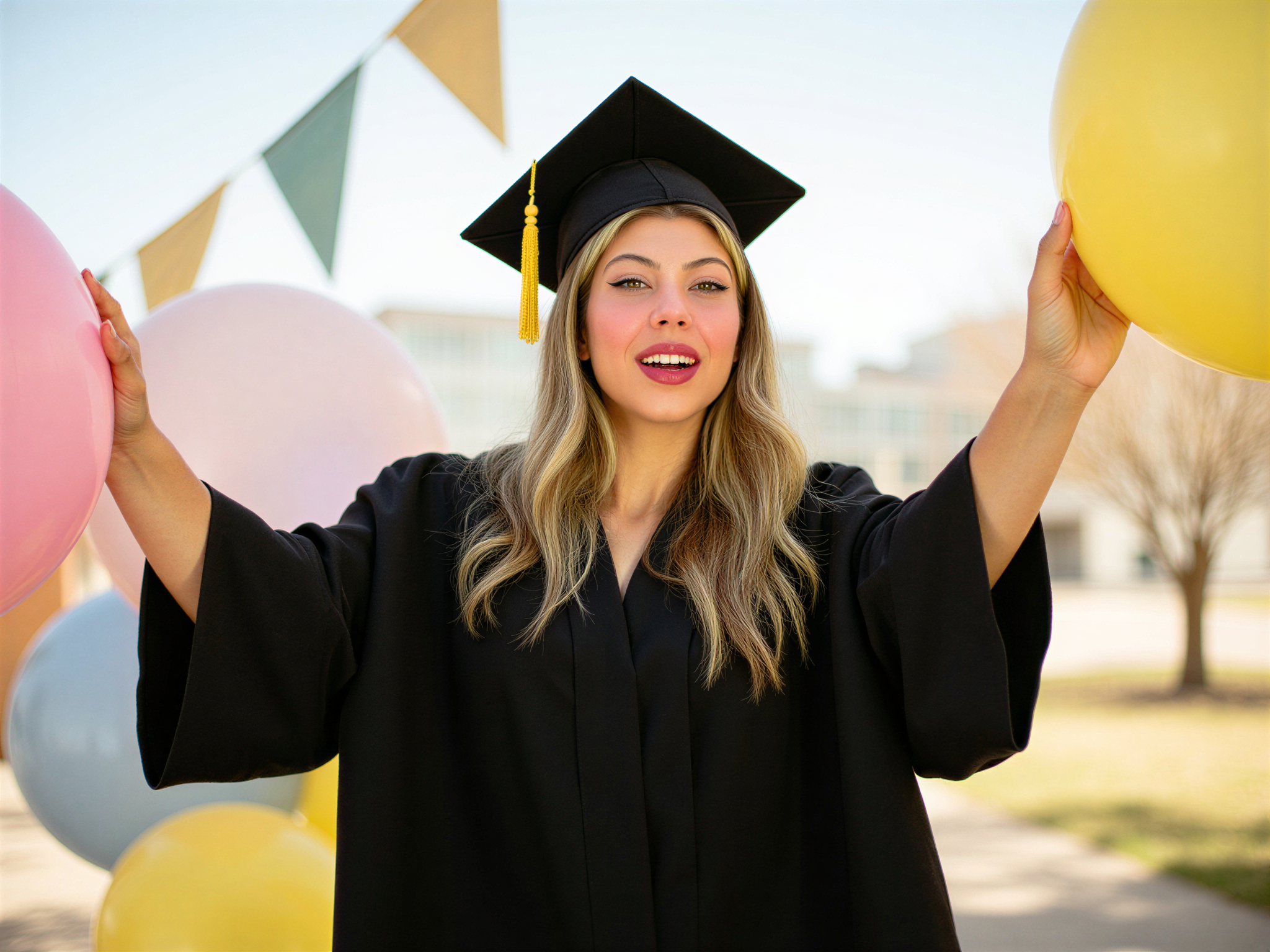 A joyful female subject, OD62S, aged 28, embodying the exuberance of graduation day. She is dressed in an elegant black graduation gown with a fitted bodice, adorned with a golden tassel on her mortarboard cap. Her hair cascades in soft waves, framing her radiant smile. Surrounding her are celebratory balloons and banners in soft pastels, creating a festive atmosphere that enhances her happiness. The shot captures her in a mid-laugh moment, arms raised in celebration, set against a bright, sunlit outdoor backdrop, amplifying the joy of achievement. The composition radiates warmth and optimism, perfectly encapsulating the triumph of graduation.
