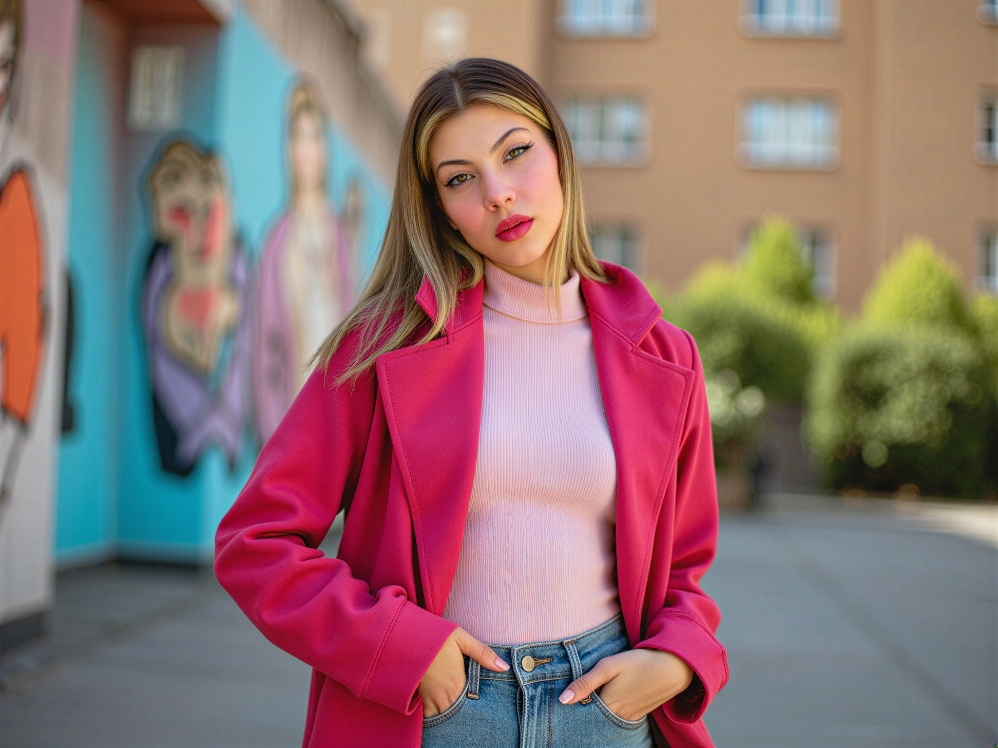 A joyful female individual, OD62S, aged 28, captured in a vibrant street fashion scene. She wears a stylish hooded jacket in a bold raspberry hue, with a playful, oversized silhouette that drapes elegantly against her frame. The jacket is layered over a fitted turtleneck and paired with high-waisted jeans, making her look effortlessly chic. Her radiant smile exudes happiness, complemented by her playful stance, slightly turning her body to the side, with one hand casually resting in her pocket. The background features a colorful urban mural, amplifying the joyful mood and creating a lively atmosphere. Soft, diffused natural light highlights her features and softens the colors, evoking a sense of optimism and liveliness, as if capturing a candid moment in a bustling city.