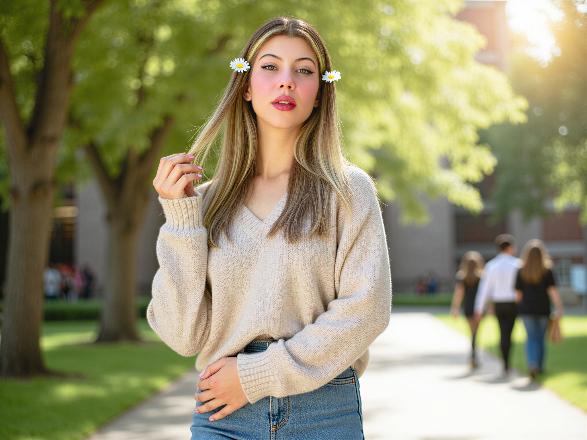 A joyful female subject, OD62S, aged 28, captured in a vibrant campus setting, showcasing the spirit of youth and happiness. She is wearing a stylish, oversized pastel sweater paired with high-waisted denim shorts. Her hair flows freely in soft waves, adorned with playful flower clips. Sunlight filters through the leaves of surrounding trees, casting a warm, dappled glow on her face as she laughs, creating an inviting and cheerful atmosphere. The composition features candid angles to capture her genuine smile and the lively energy of a bustling university backdrop, invoking feelings of freedom and joy in a perfect spring day.