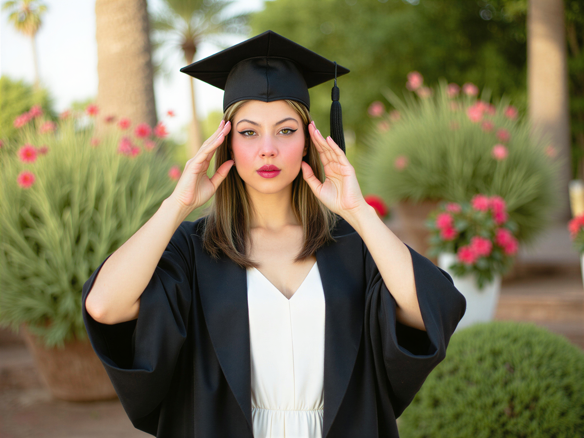 A joyful female graduate, OD62S, aged 28, captured in a celebratory moment on her graduation day. She wears a tailored black graduation gown over a silk white dress, adorned with her academic robe elegantly draped. Her mortarboard tilted playfully, adorned with personalized embellishments. The background features a vibrant outdoor setting, filled with blooming flowers and festive decorations, as sunlight filters through the leaves, creating a warm, happy ambiance. Her expression radiates pure joy and achievement, encapsulating this pivotal life moment in a fresh, modern editorial style that conveys pride and exhilaration.