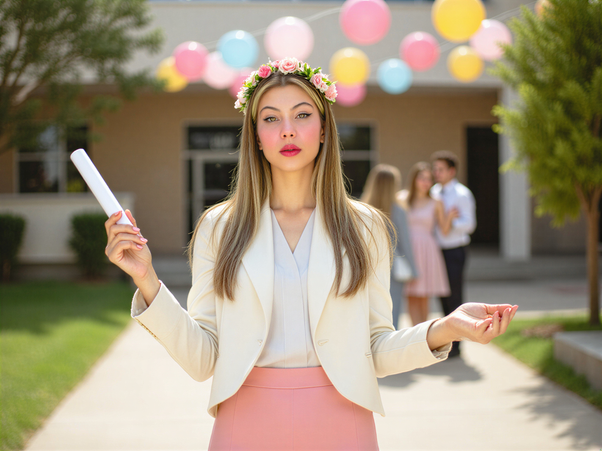 A joyful female student, OD62S, aged 28, celebrating her high school graduation in a vibrant, sunlit courtyard. She's dressed in a modern, tailored white blouse paired with a flowing pastel skirt that sways with her movement. Her hair is cascading loose, adorned with a floral crown. She holds her diploma confidently, flashing a bright, radiant smile. The background is filled with decorations, balloons, and cheering friends, encapsulating a festive atmosphere. The lighting is warm and inviting, infusing the scene with happiness and a sense of achievement, creating a nostalgic yet contemporary high school vibe.