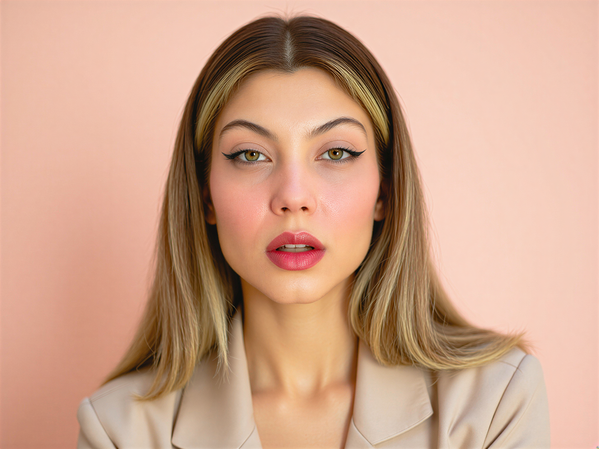 A portrait of a 28-year-old female individual, OD62S, captured in a series of joyful headshots. She exhibits a radiant smile, her eyes sparkling with positivity. Her long, wavy hair flows effortlessly, framing her face perfectly. She is adorned in a light, airy blouse that harmonizes with her warm, golden skin tone. Soft, natural lighting gently illuminates her features, highlighting her expressive smile and giving her a glowing appearance. The background is a soft pastel color that enhances the cheerful and uplifting mood, creating a sense of happiness and warmth in the image.