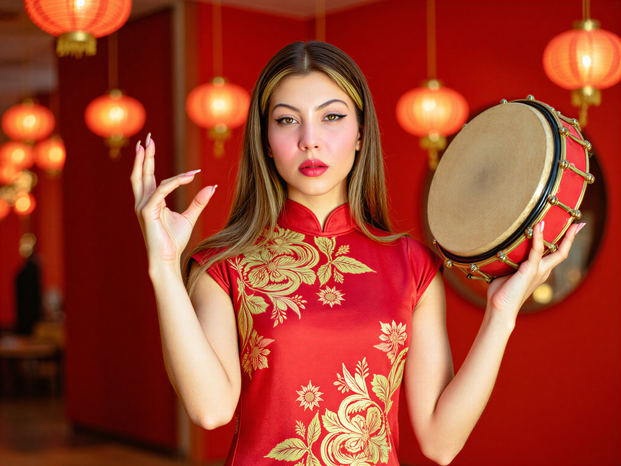 A joyful female figure, OD62S, aged 28, dressed in a stunning red cheongsam adorned with intricate golden embroidery, celebrating Chinese New Year. Her hair is styled in elegant, traditional waves, adorned with delicate floral clips that mirror the vibrant colors of her dress. The background is a festive decor of red lanterns and hanging ornaments, emanating warmth and cheerfulness. Captured in a playful pose, she holds a small drum with one hand, while the other waves as if inviting viewers into the celebration. The lighting is bright and vibrant, enhancing the happy atmosphere, embodying the spirit of renewal and togetherness found in this auspicious festival.