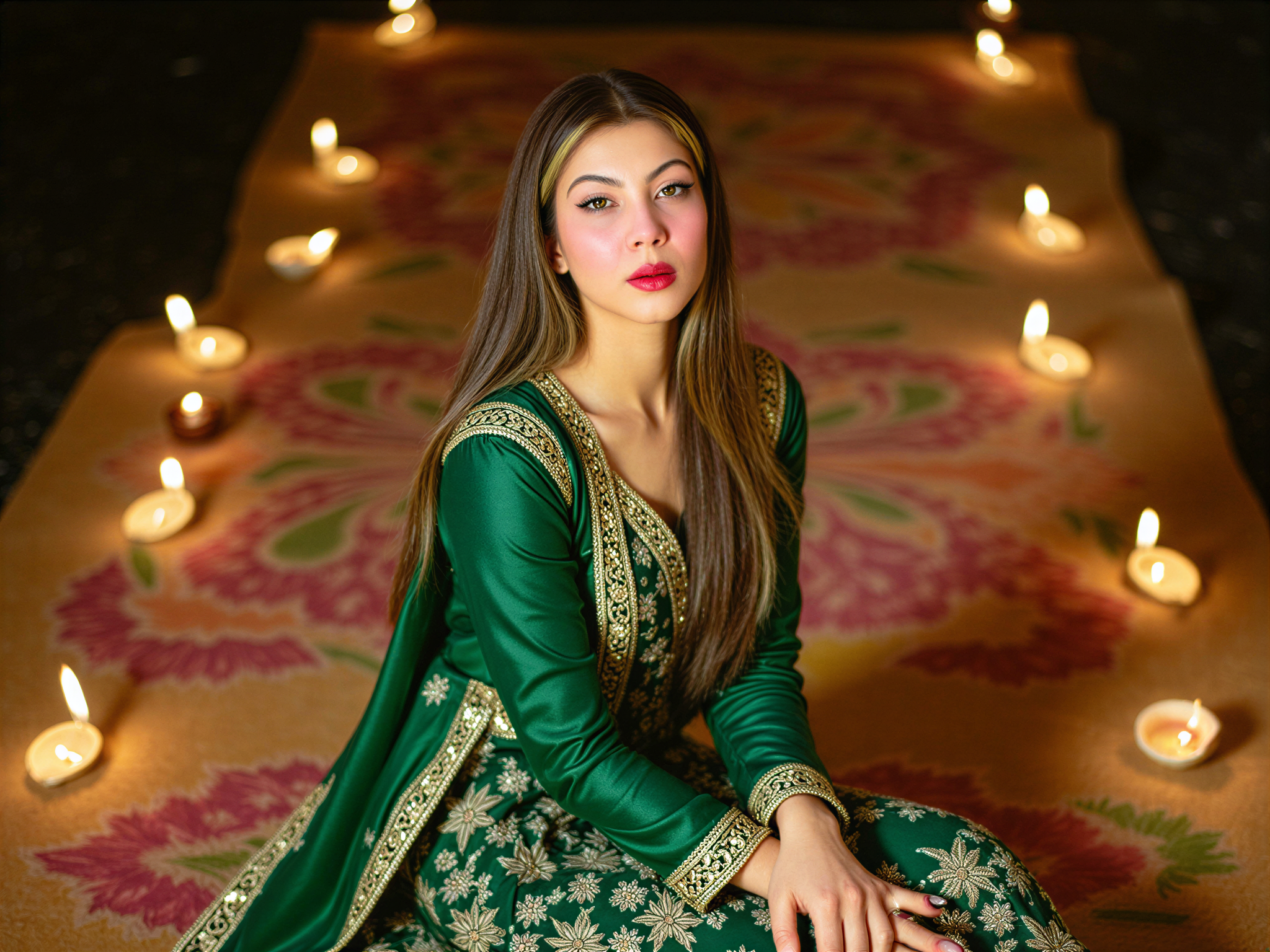 A vibrant scene capturing a joyful female, OD62S, aged 28, celebrating Diwali. She wears a stunning, intricately embroidered emerald green lehenga with gold accents, adorned with sparkling jewelry. Her makeup is bright and festive, featuring bold eye shadow and shimmering gold highlights. Surrounded by beautifully lit diyas and colorful rangoli designs, she embodies happiness and grace. The warm glow of fairy lights creates a magical atmosphere, emphasizing the sense of joy and festivity. The composition is lively, evoking the spirit of celebration and togetherness, perfect for a cultural fashion editorial.