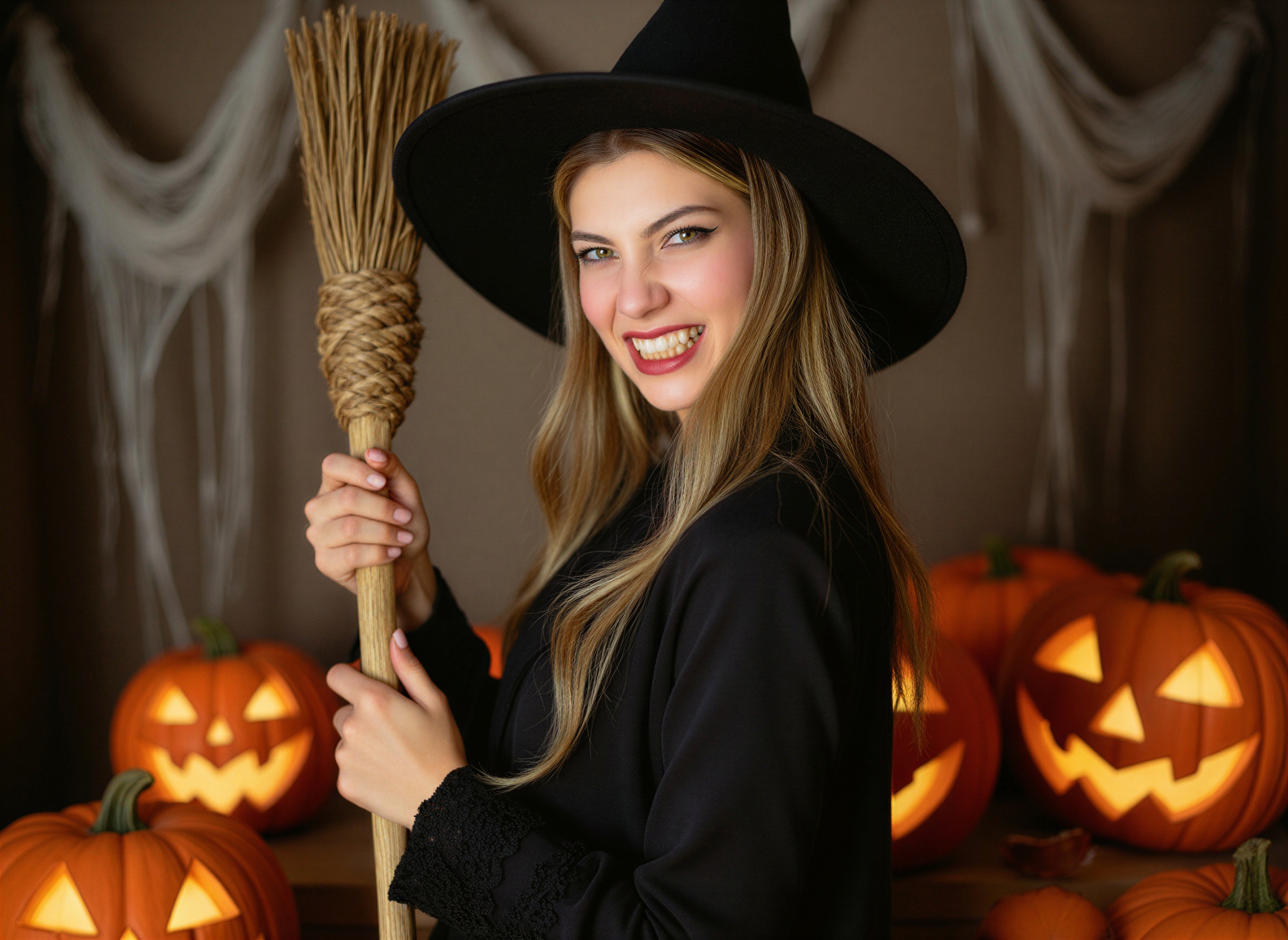 Young woman dressed as a witch, smiling and holding a broomstick, with carved jack-o'-lanterns in the background, creating a festive Halloween atmosphere.