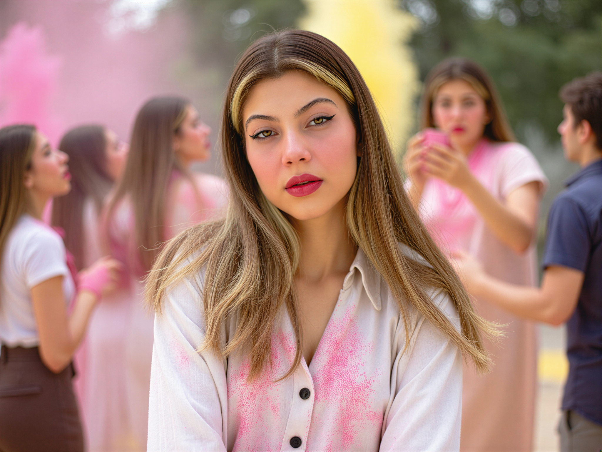 A joyful female subject, OD62S, aged 28, captured in vibrant bursts of color during a Holi celebration. She is adorned in a flowing, white cotton kurta, playfully splattered with hues of pink, yellow, and blue that reflect the festive spirit. Her hair is loose and tousled, interspersed with colorful powders, enhancing the lively atmosphere. The backdrop features a blur of friends throwing colored powders into the air, creating an explosion of color and happiness. The lighting is bright and cheerful, capturing the essence of joy and revelry. Her expression beams with exuberance, embodying the joy and unity of the celebrations.