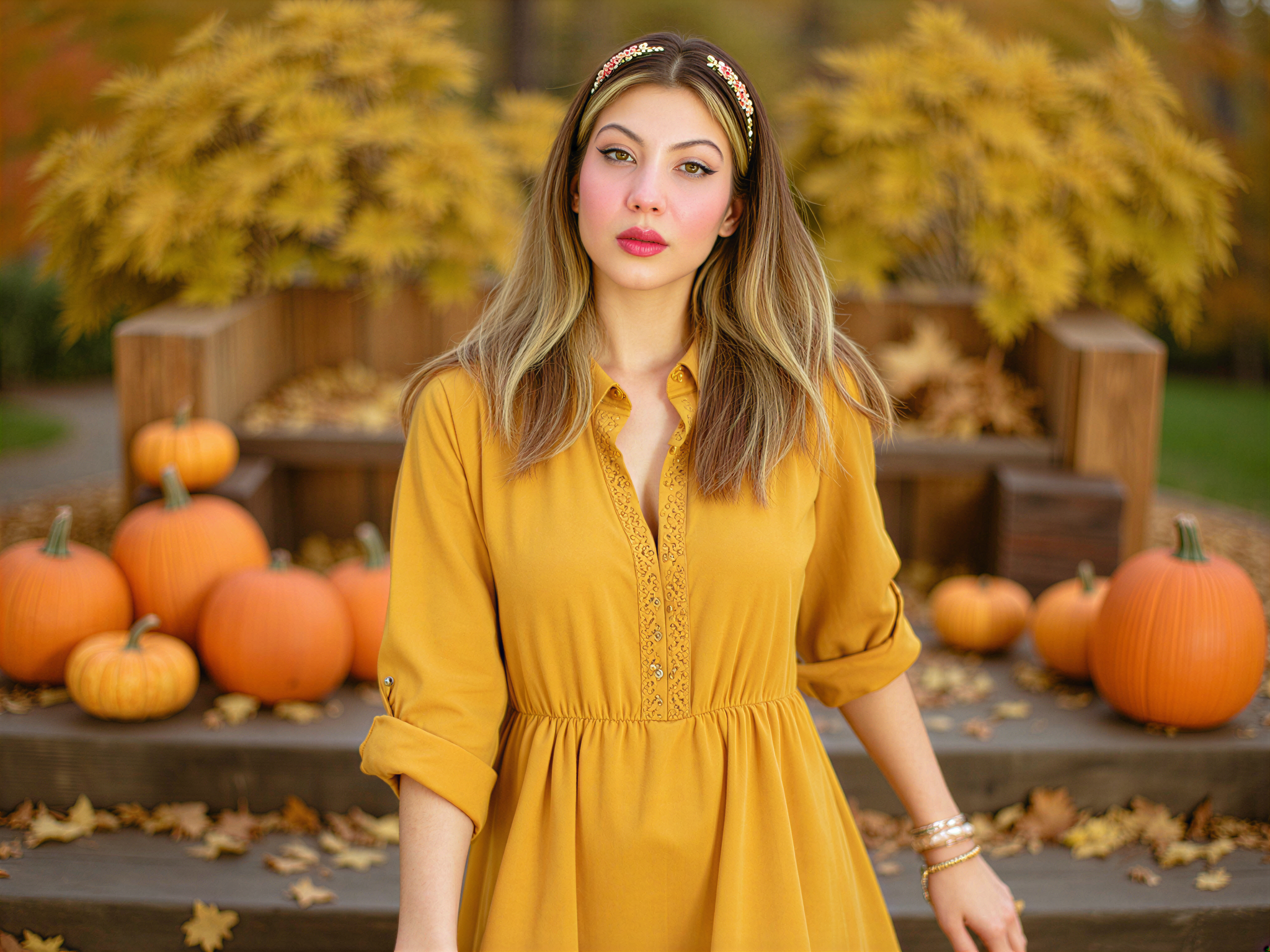 A joyful female individual, OD62S, aged 28, elegantly styled for a Thanksgiving celebration. She wears a flowing mustard yellow dress with delicate lace accents and a cinched waist, harmonizing beautifully with a backdrop of autumn leaves and pumpkins. Her warm smile radiates happiness, complemented by soft, golden lighting that enhances the cozy atmosphere of the season. Her hair is styled in loose curls, adorned with a simple floral headband. The composition captures the essence of gratitude and joy, perfect for a lifestyle editorial celebrating the warmth of family gatherings during Thanksgiving.