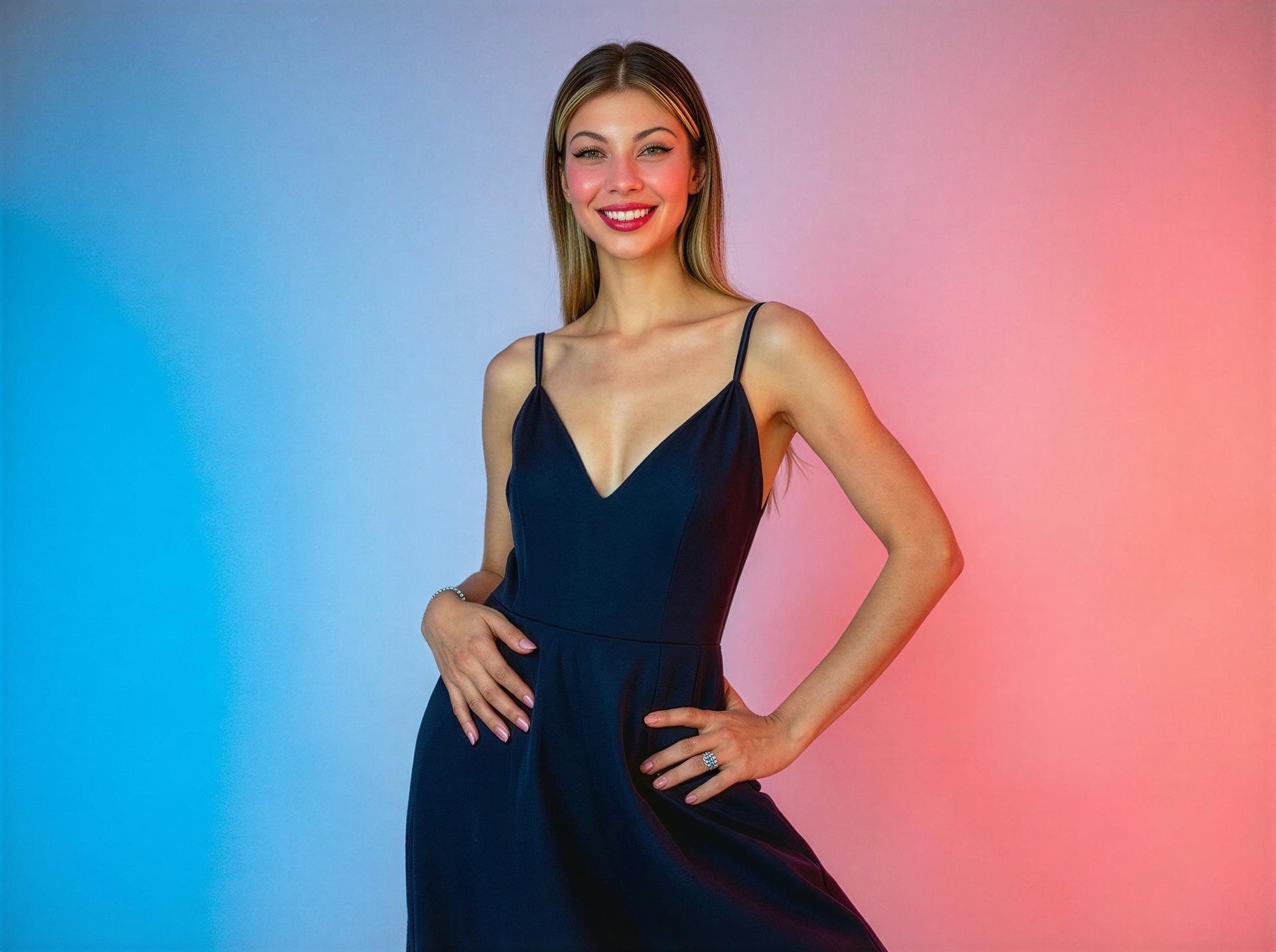 Smiling blonde woman in navy blue spaghetti strap dress against blue and pink gradient background.