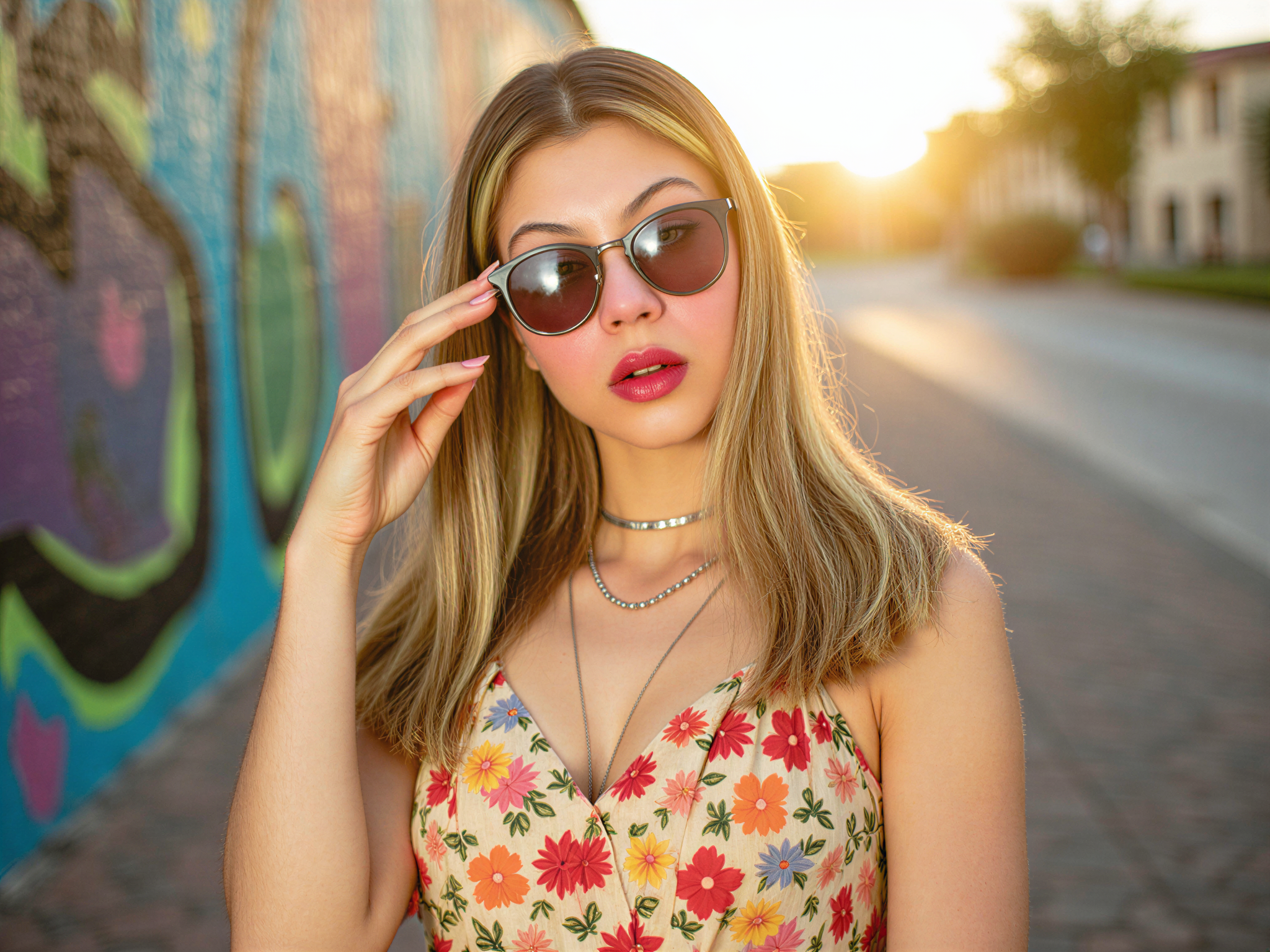 A vibrant and engaging portrait of a female subject, OD62S, aged 28, radiating happiness in a sun-drenched urban setting. She is styled in a colorful, flowy summer dress adorned with floral prints, accessorized with oversized sunglasses and layered necklaces. Her hair cascades in soft waves, backlit by the warm glow of the sun, creating an ethereal halo effect. The composition captures her playful pose, with one hand raised in a joyful gesture, as she stands against a graffiti wall bursting with colors, hinting at an energetic, artistic vibe. This image resembles a trendy Instagram shot, evoking an atmosphere of carefree joy and youthful exuberance.