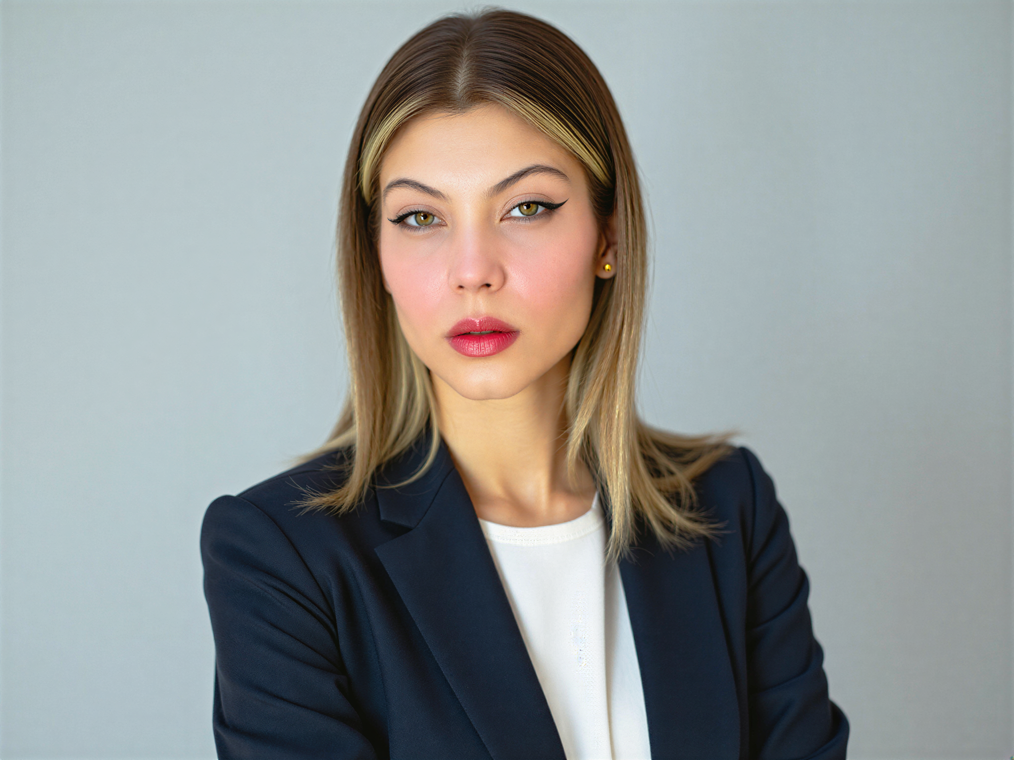 A professional headshot of a 28-year-old woman, OD62S, dressed in business attire, exuding confidence and approachability. She is wearing a tailored navy-blue blazer over a crisp white blouse, paired with minimalist gold jewelry. Her hair is styled in a sleek, shoulder-length bob, and her makeup is natural yet polished, featuring a soft pink lip. The background is a clean, light gray, providing a neutral backdrop that keeps the focus on her. The lighting is soft and even, ensuring her features are well-lit without harsh shadows. Her expression is warm and engaging, with a slight smile that conveys both professionalism and friendliness. The overall mood is happy and optimistic, perfect for a LinkedIn profile.