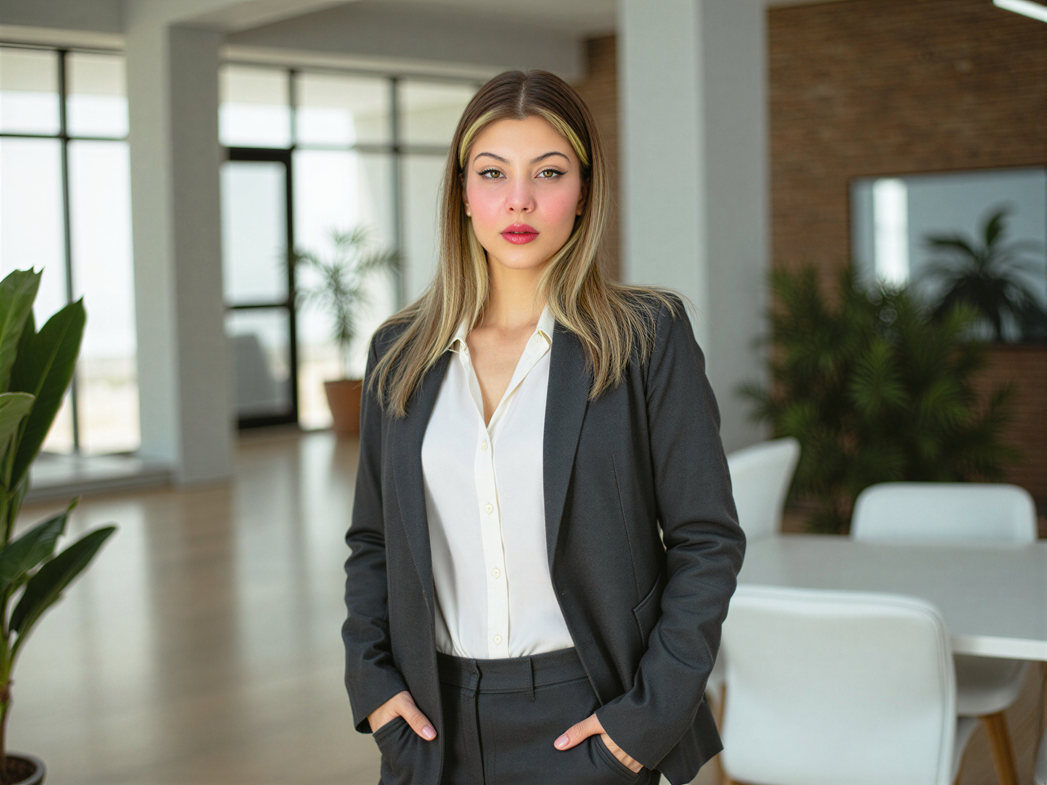 A radiant female professional, OD62S, aged 28, captured in an upbeat workplace setting that conveys joy and confidence. Dressed in a tailored charcoal grey blazer paired with a crisp white blouse, and perfectly fitted trousers, she embodies modern sophistication and empowerment. Her hair is styled in soft waves, and a warm smile brightens her face, reflecting her happiness. The background features a sleek, contemporary office environment filled with natural light, plants, and minimalist decor, creating a positive, productive atmosphere. The composition utilizes shallow depth of field to focus on her, emphasizing her confident demeanor and approachability.