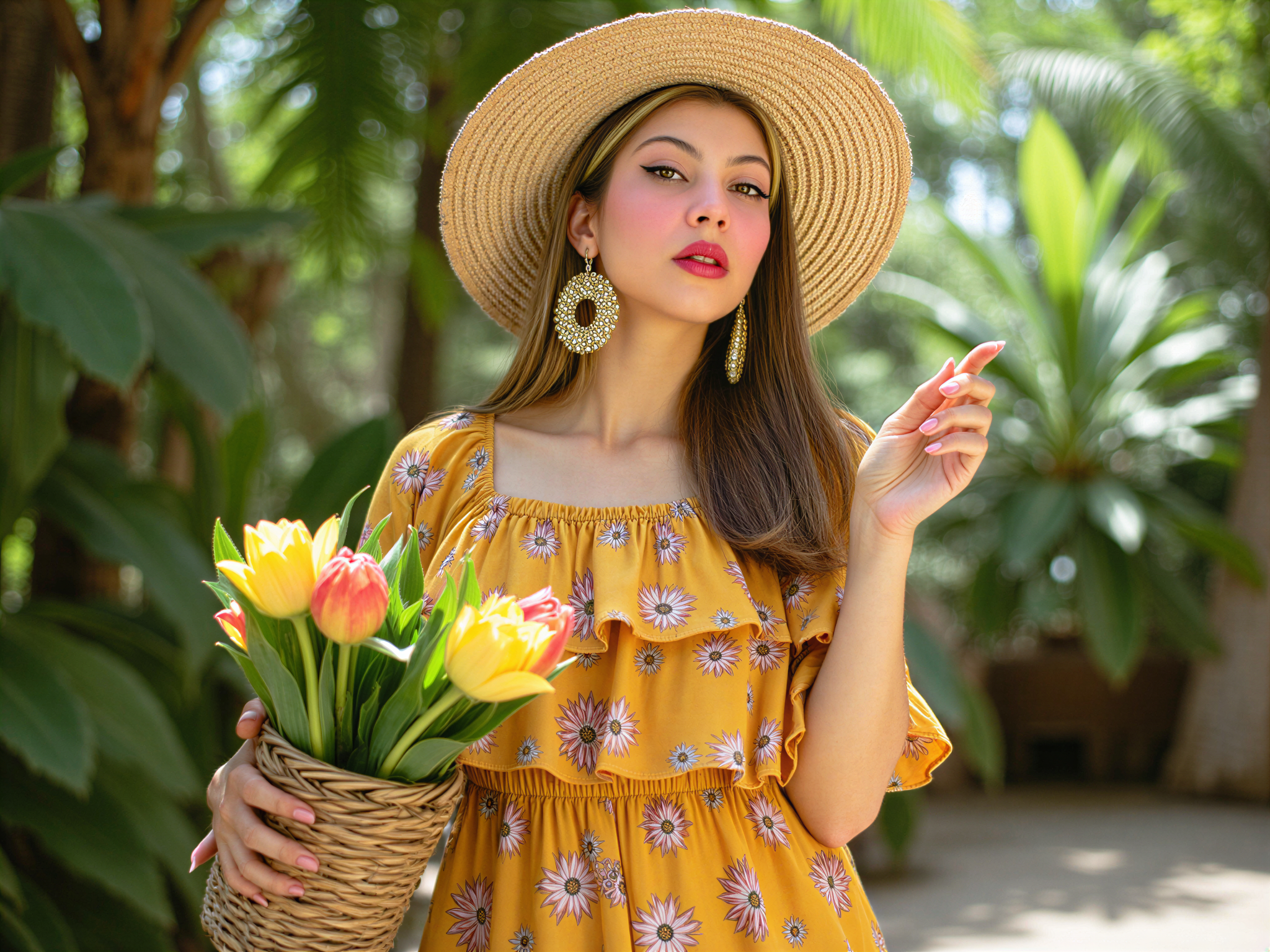 A joyful 28-year-old female model, OD62S, embodies the vibrant spirit of a Kruger-inspired fashion aesthetic. She is dressed in a bold, colorful ensemble featuring a bright floral print dress with tiered ruffles, accentuated by oversized statement earrings and a wide-brimmed straw hat. The backdrop is a sunlit botanical garden, filled with exotic plants and blooming flowers, creating a lush, tropical atmosphere that reflects her cheerful demeanor. Her laughter is palpable, and she holds a basket of fresh flowers, exuding warmth and happiness. The composition captures the essence of carefree summer days, with soft, natural lighting enhancing the vibrant colors and joyful mood.