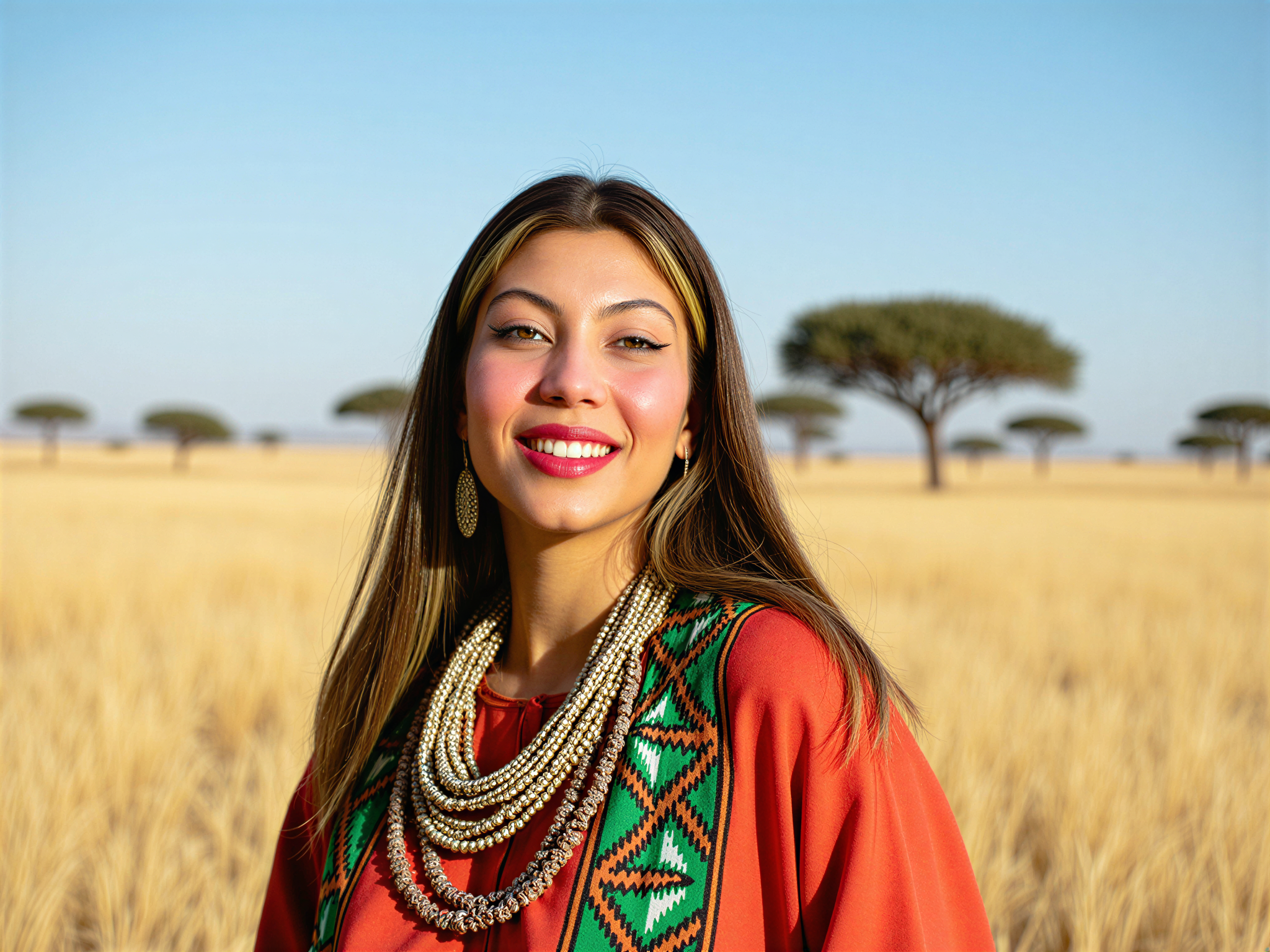 A joyful female, OD62S, aged 28, standing amidst the breathtaking landscape of Maasai Mara. She is dressed in vibrant Maasai shuka fabric, featuring geometric patterns and rich reds and greens that flutter gently in the warm breeze. Her face radiates happiness as she smiles broadly, showcasing a collection of handcrafted jewelry—bold beaded necklaces and large, circular earrings that catch the sunlight. The golden savannah stretches behind her, dotted with acacia trees and a clear blue sky overhead. The composition uses soft, natural lighting to enhance the warmth and vibrancy of the scene, evoking a sense of freedom and connection to nature.
