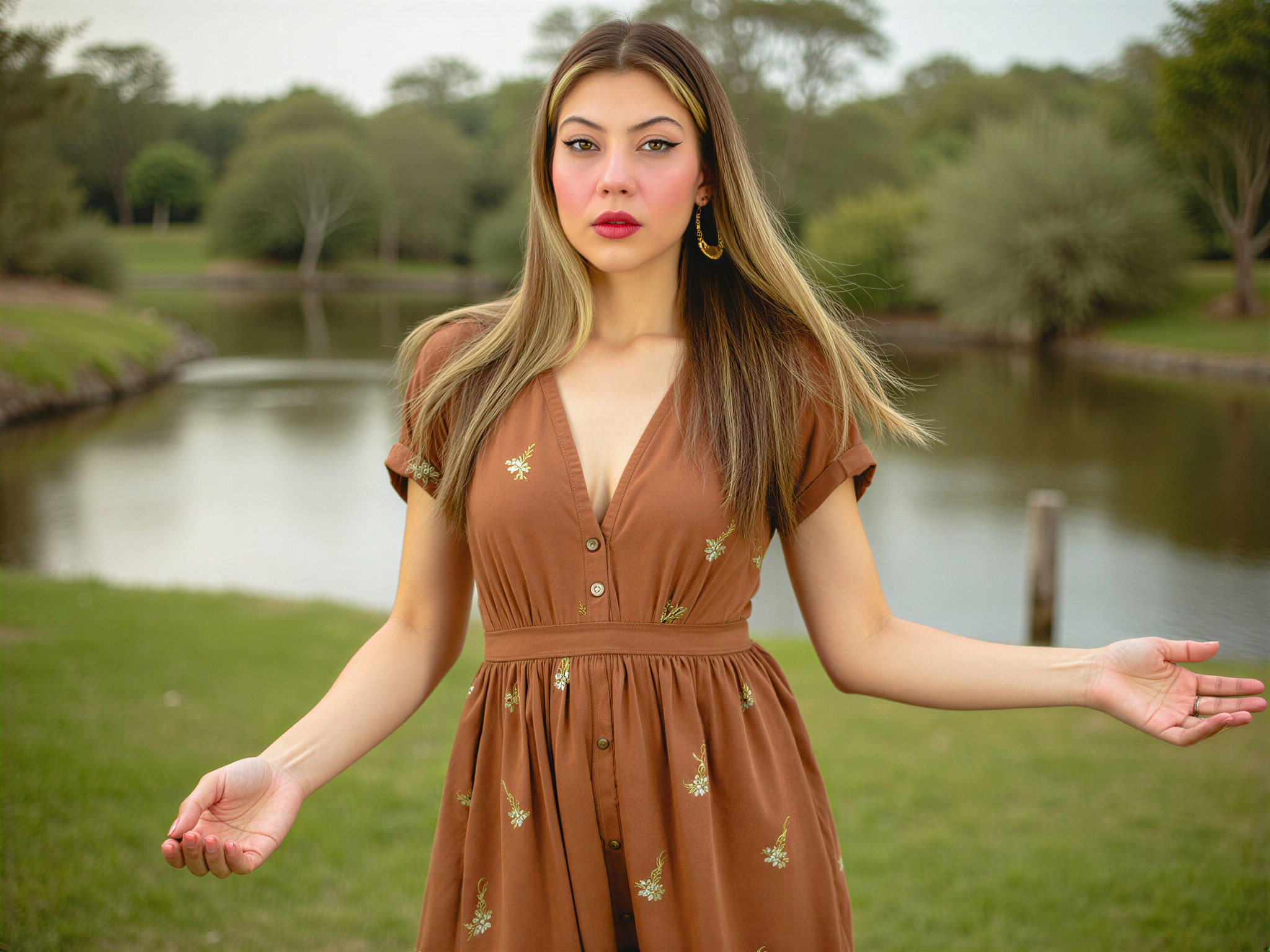 A vibrant and joyful female figure, OD62S, aged 28, captured in the breathtaking landscape of the Okavango Delta. She wears a flowing, earth-toned maxi dress made of lightweight chiffon, adorned with delicate botanical prints that blend harmoniously with the lush surroundings. The sunlight filters through the trees, casting playful patterns on her skin, while her hair cascades in carefree waves, adorned with nature-inspired accessories. The scene conveys a sense of freedom and happiness, as she spins playfully, her arms outstretched toward the golden light. The rich greens and blues of the delta create a serene backdrop, emphasizing her connection with nature, evoking a moment of pure bliss. The composition highlights her joyful spirit, creating an emotive and captivating image that resonates with the viewer.