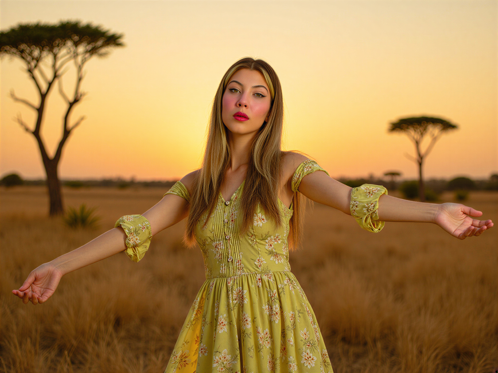 A vibrant and joyful portrait of a female individual, OD62S, aged 28, set against the golden hues of a savannah landscape during sunset. She exudes happiness, wearing a flowing, floral maxi dress in shades of warm yellow and soft green that dance with the breeze. Her hair, adorned with delicate wildflowers, cascades in loose waves around her shoulders. With arms outstretched, she embodies freedom and joy, as the setting sun casts a gentle glow, illuminating her radiant smile. The background features iconic acacia trees silhouetted against a vivid sky, enhancing the sense of blissful tranquility in this picturesque moment, captured in a hyper-realistic style.